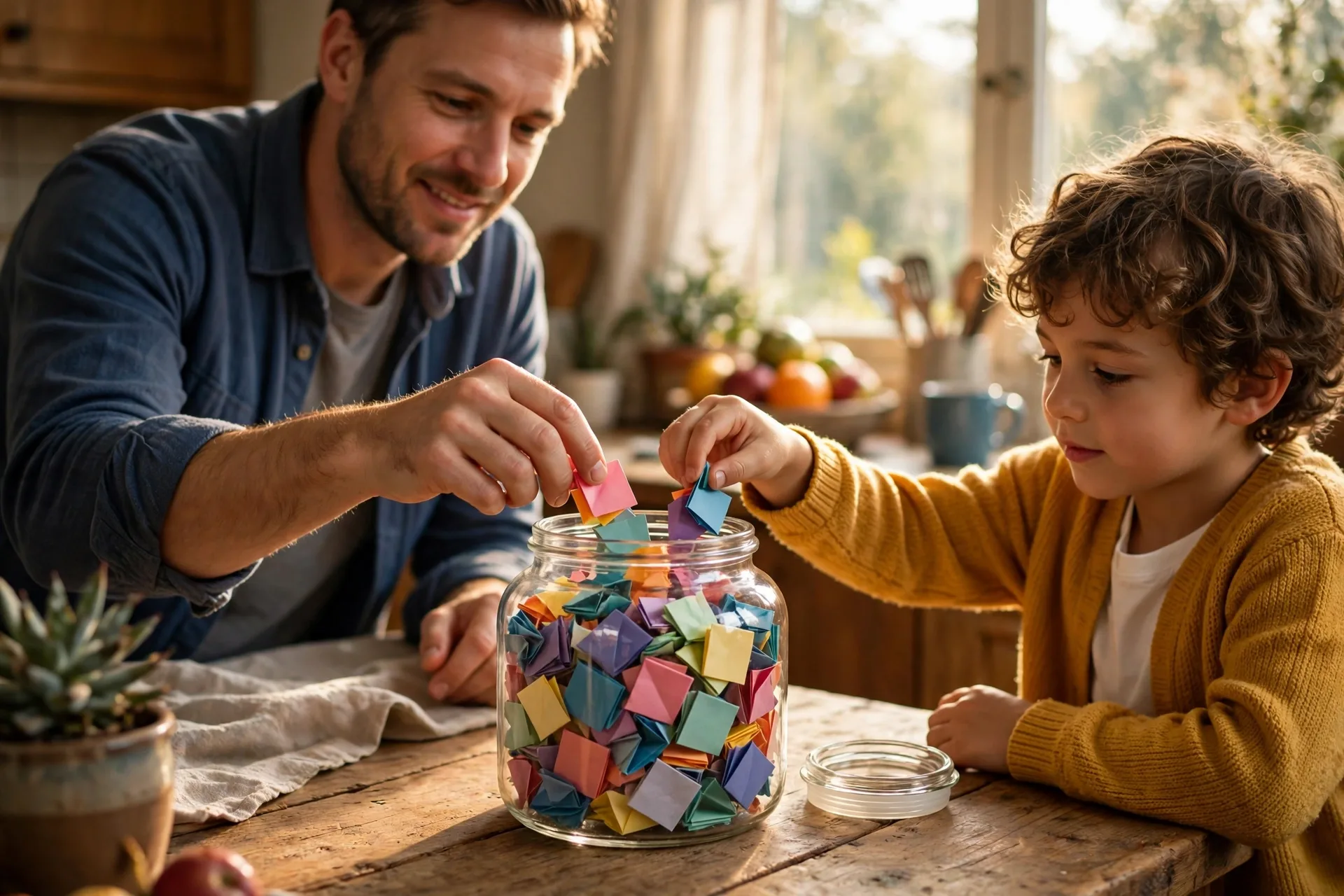 A glass jar filled with colorful folded paper slips on a kitchen table