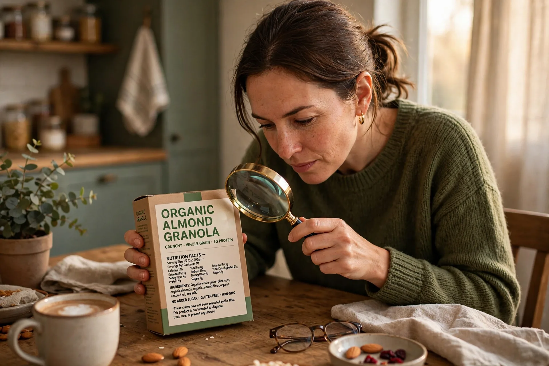 A mom reading the fine print on a product box with a magnifying glass