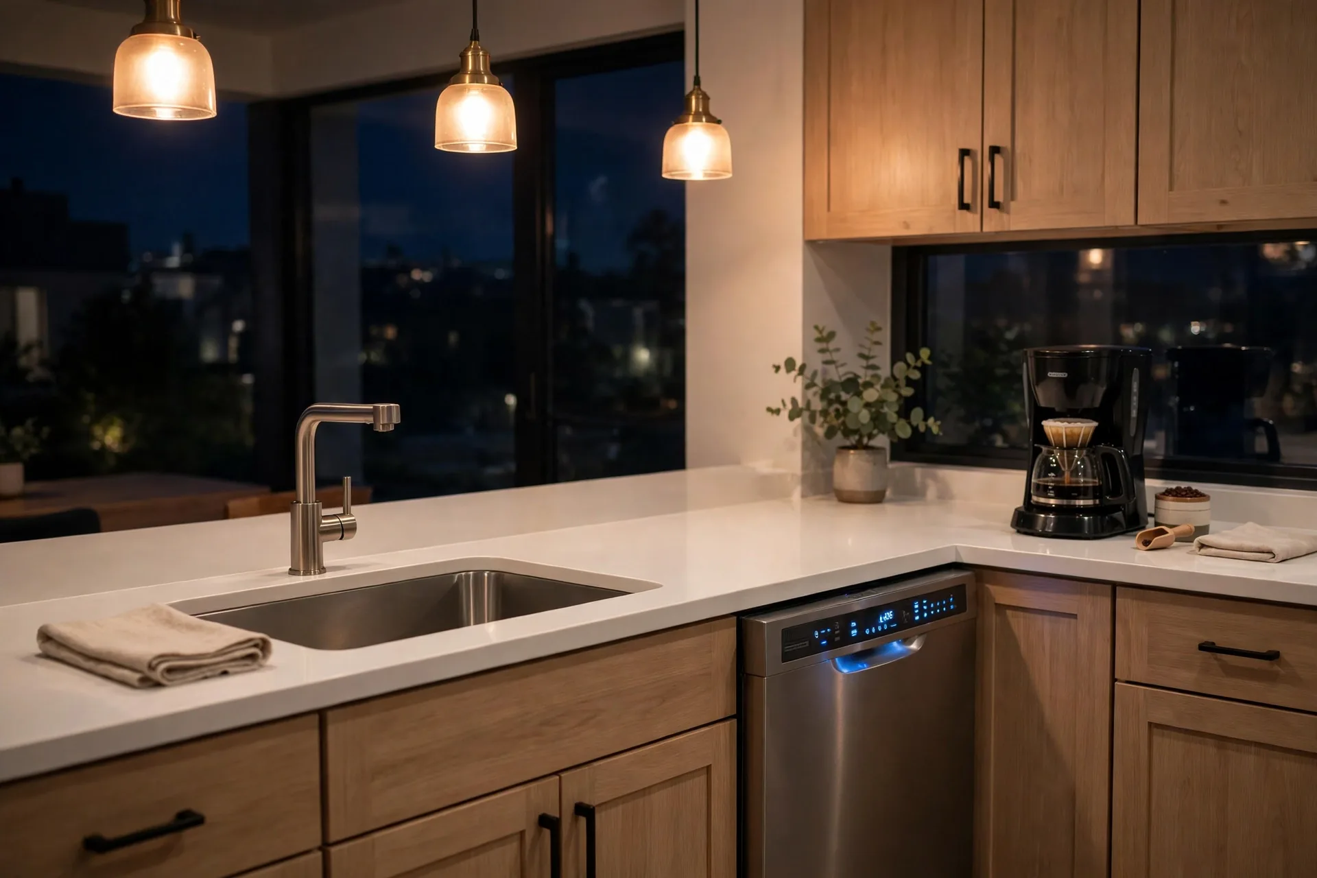 A clean kitchen at night with wiped counters, a dishwasher running, and a coffee maker set out