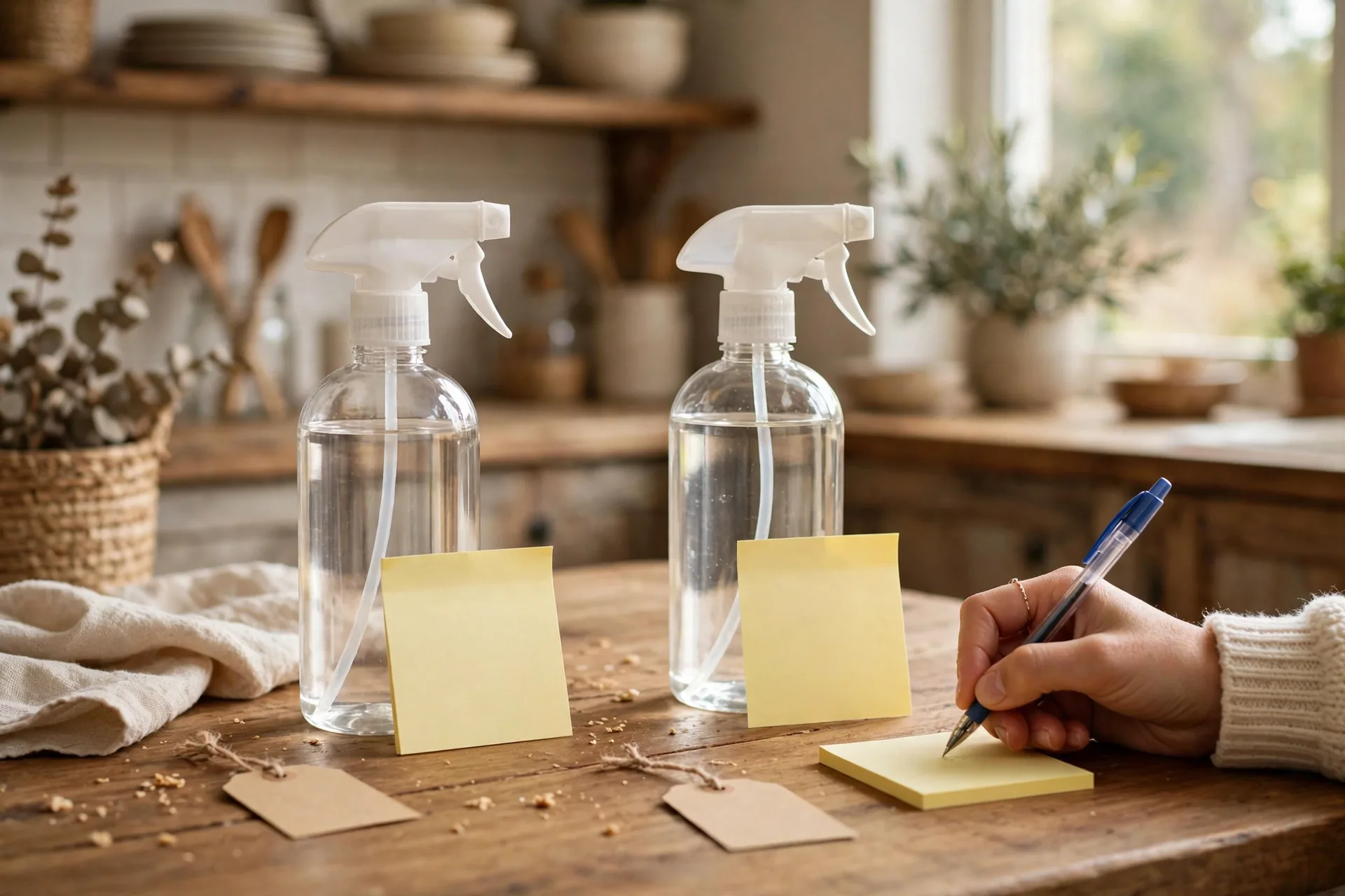 Two similar products side by side on a table with sticky notes for a side by side comparison