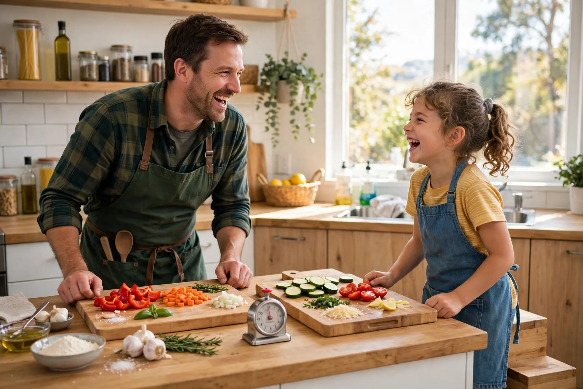 A dad and a child in a friendly cooking contest at a kitchen counter with two cutting boards