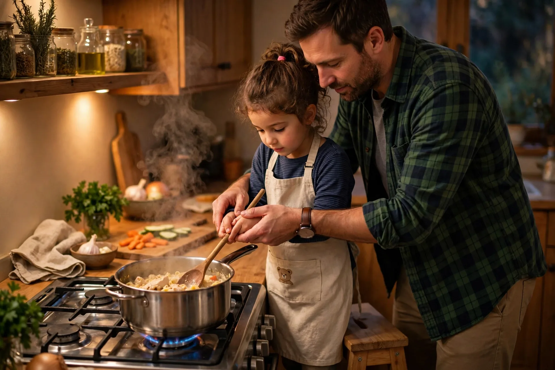 A dad teaching a child to cook his favorite meal at a stove, the child stirring a pot
