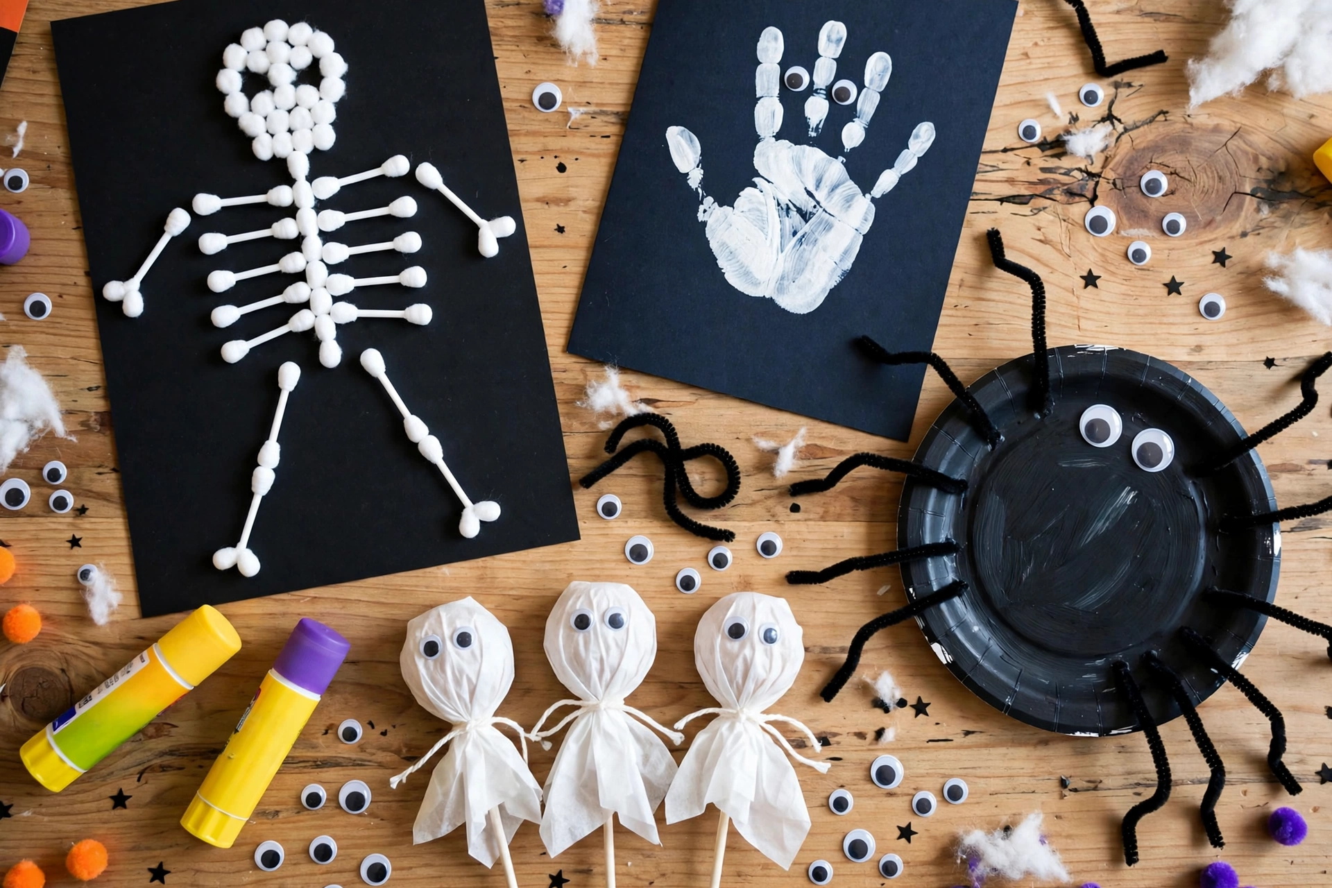 Finished Halloween crafts for kids &mdash; Q-tip skeleton, handprint ghost and paper plate spider