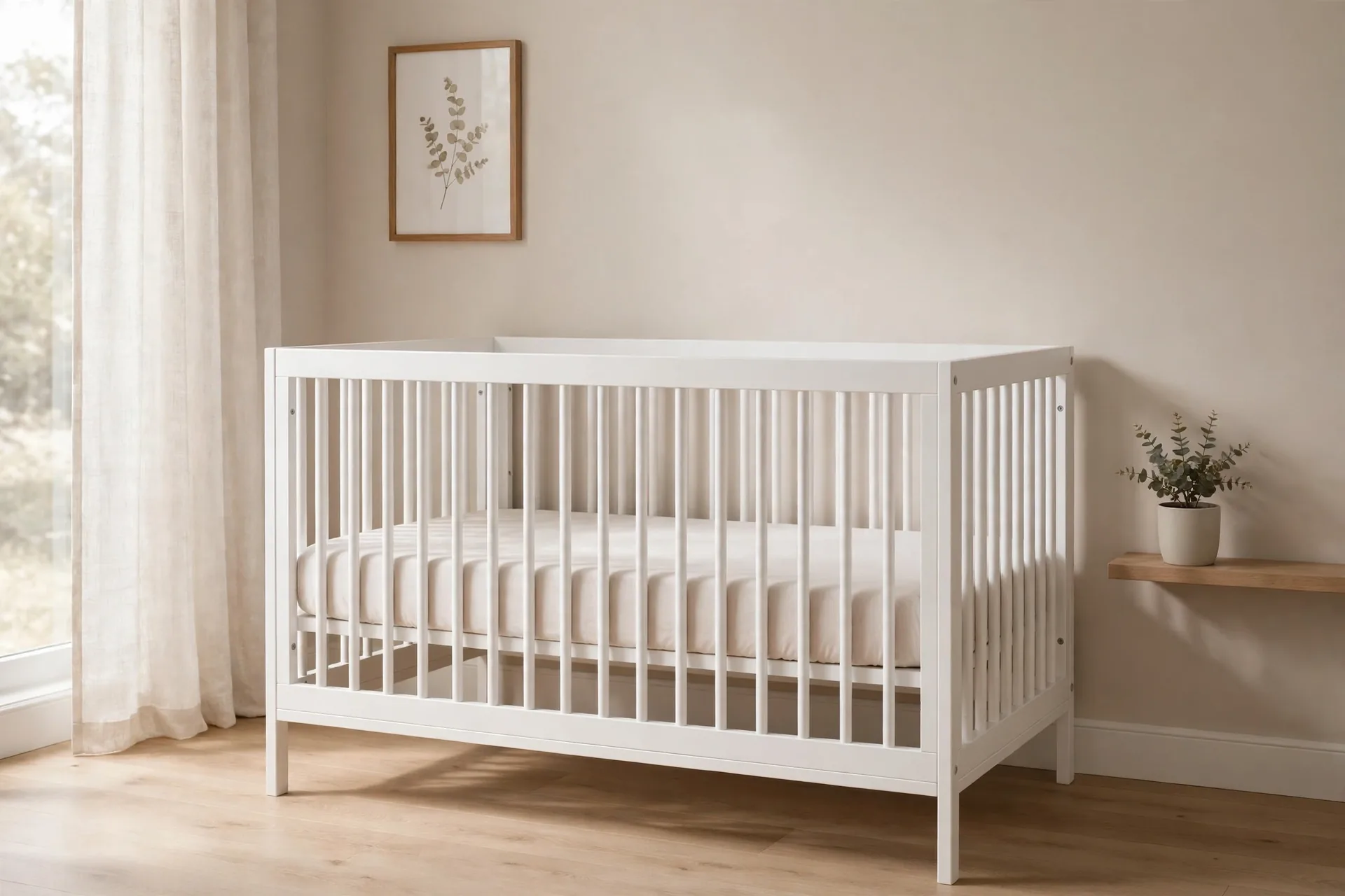 Empty white crib with a fitted sheet and nothing else inside it, in a calm nursery