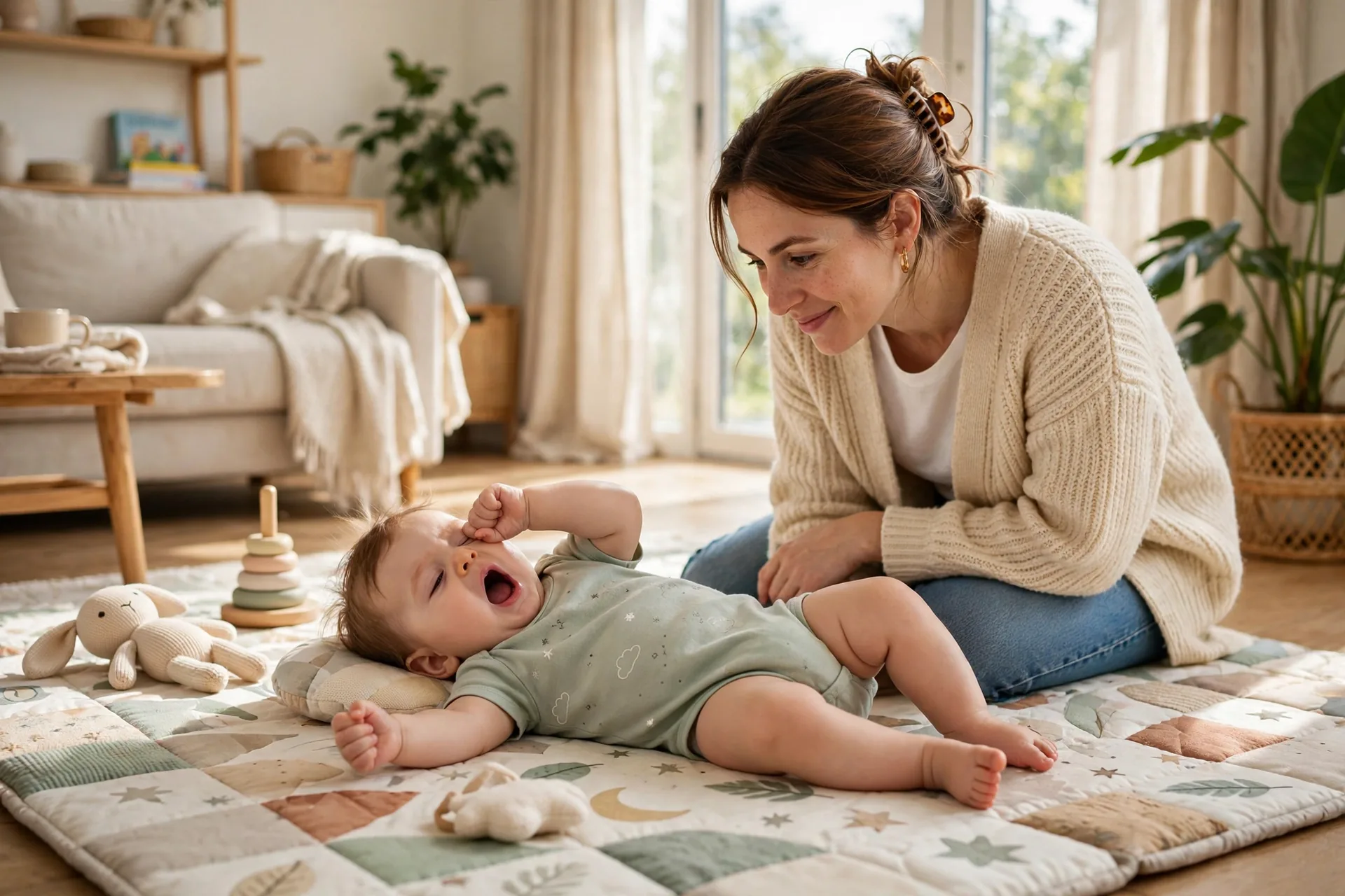 Baby yawning and rubbing her eyes on a play mat, showing the classic early sleepy cues, while her mom watches beside her