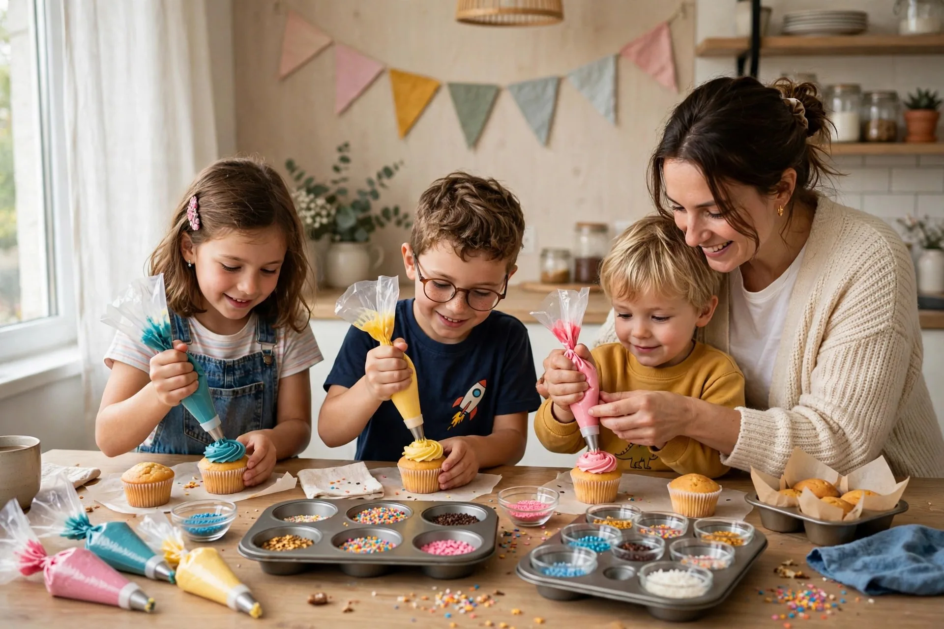 Kids decorating cupcakes with colorful frosting and sprinkles at a party table