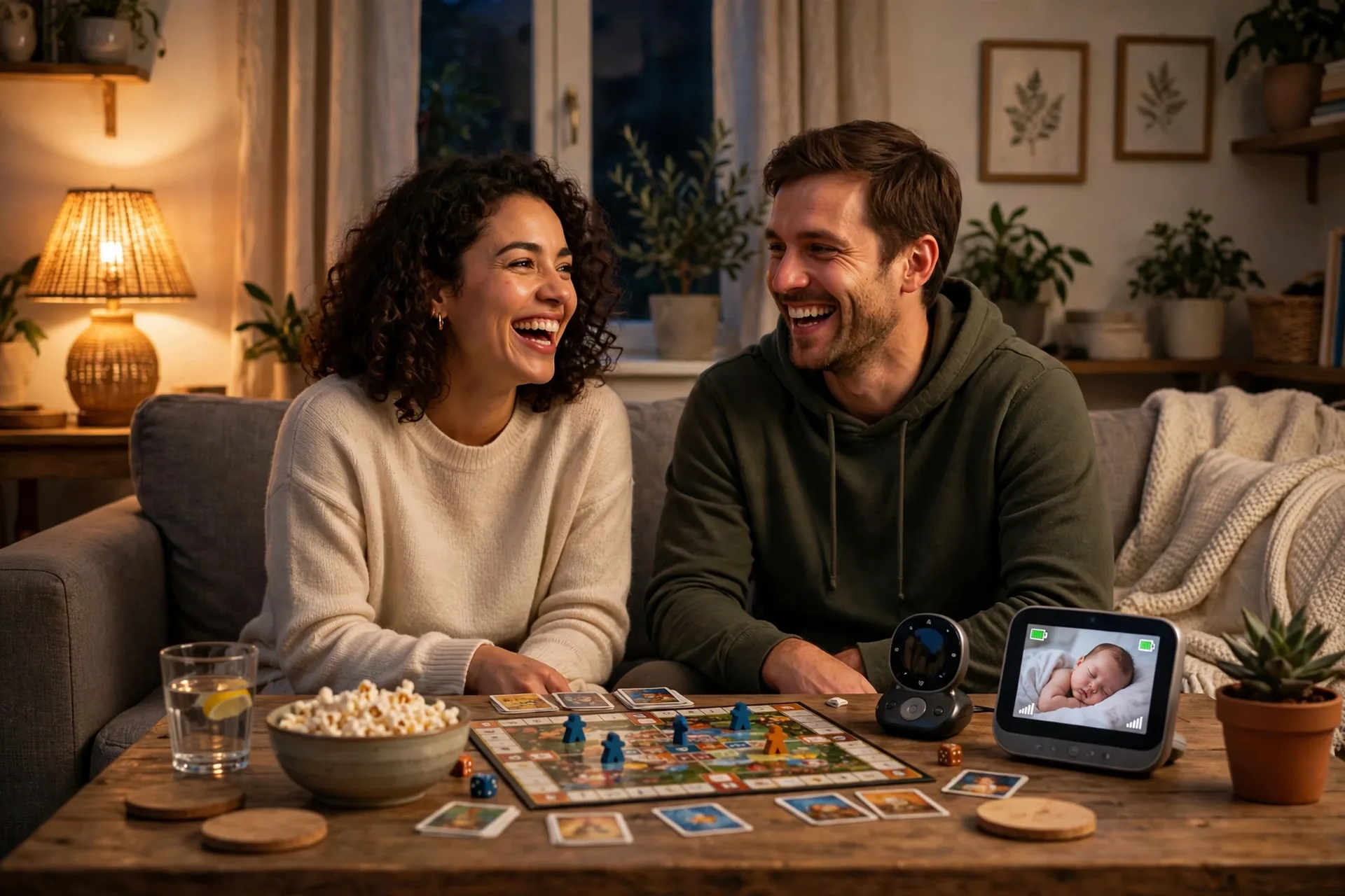 Couple laughing over a board game and popcorn during an at-home date night, baby monitor showing their sleeping baby