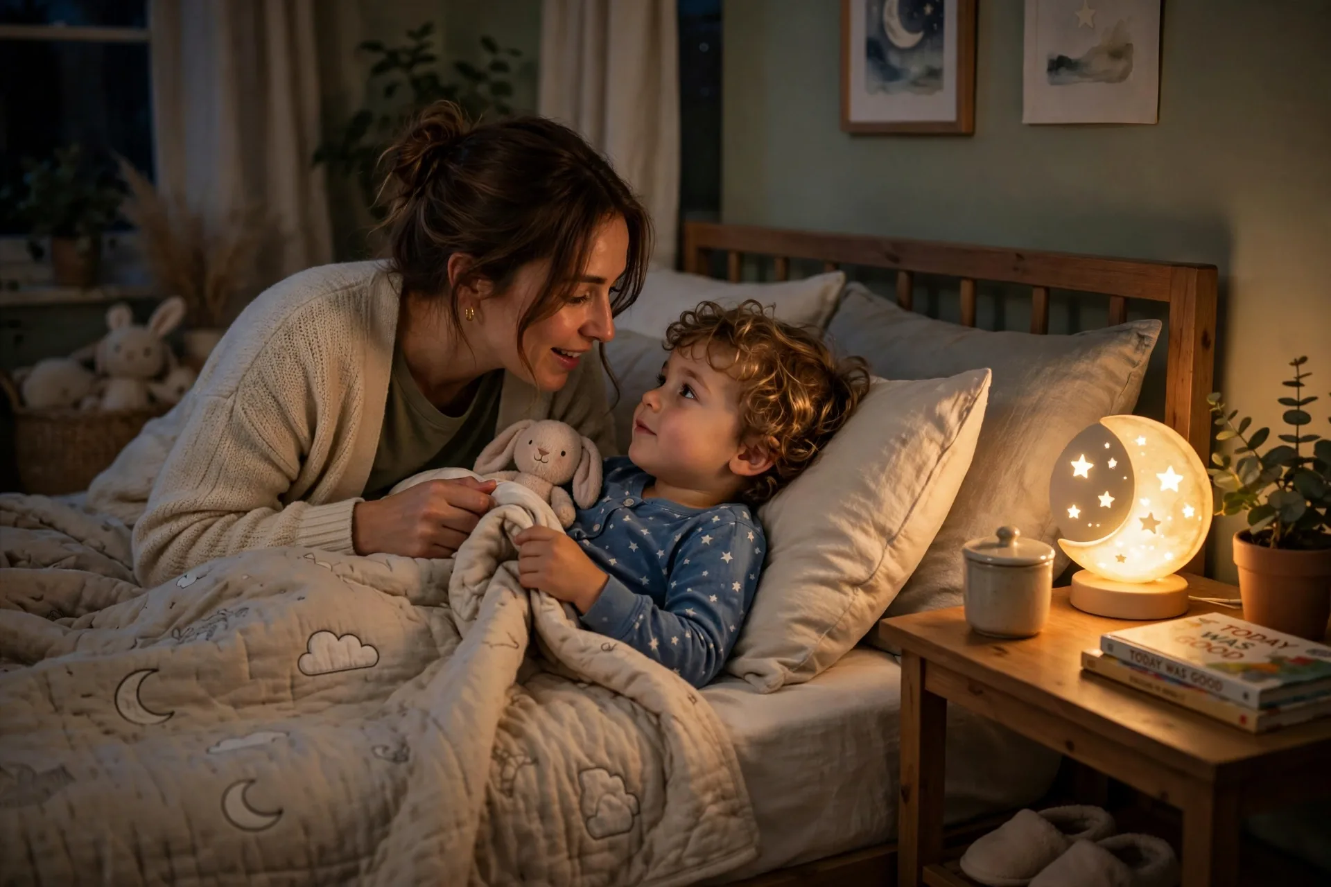 Mom tucking her toddler into bed at night, whispering about the good things from the day