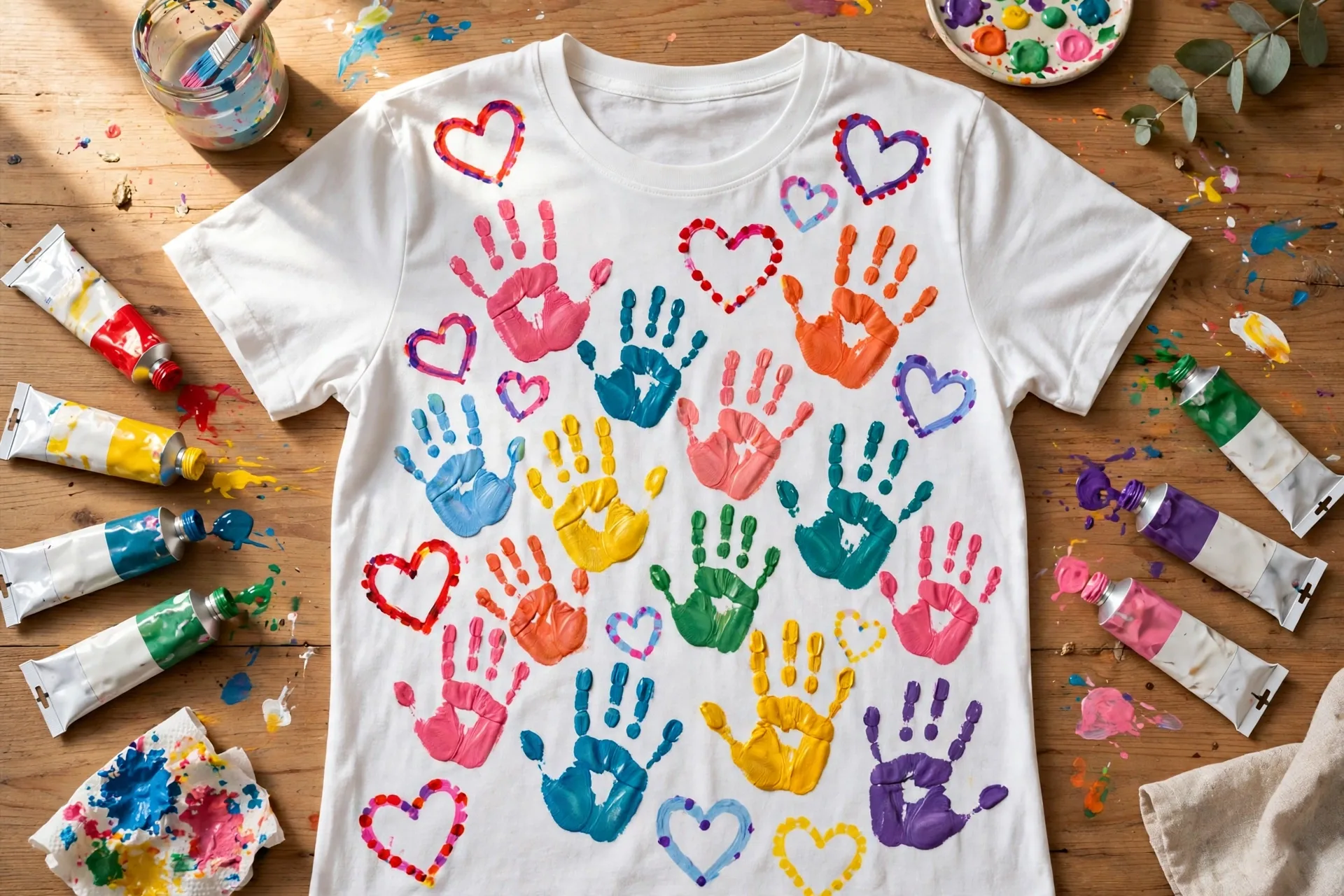 Kids decorating a plain white T-shirt for Dad with colorful fabric paint handprints