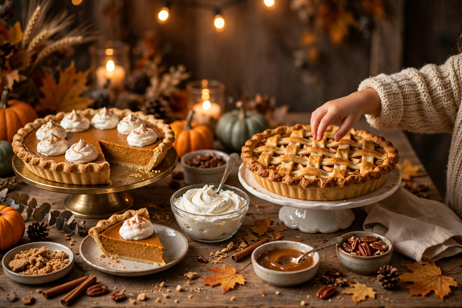 Thanksgiving dessert bar with pumpkin pie, apple pie and build-your-own toppings
