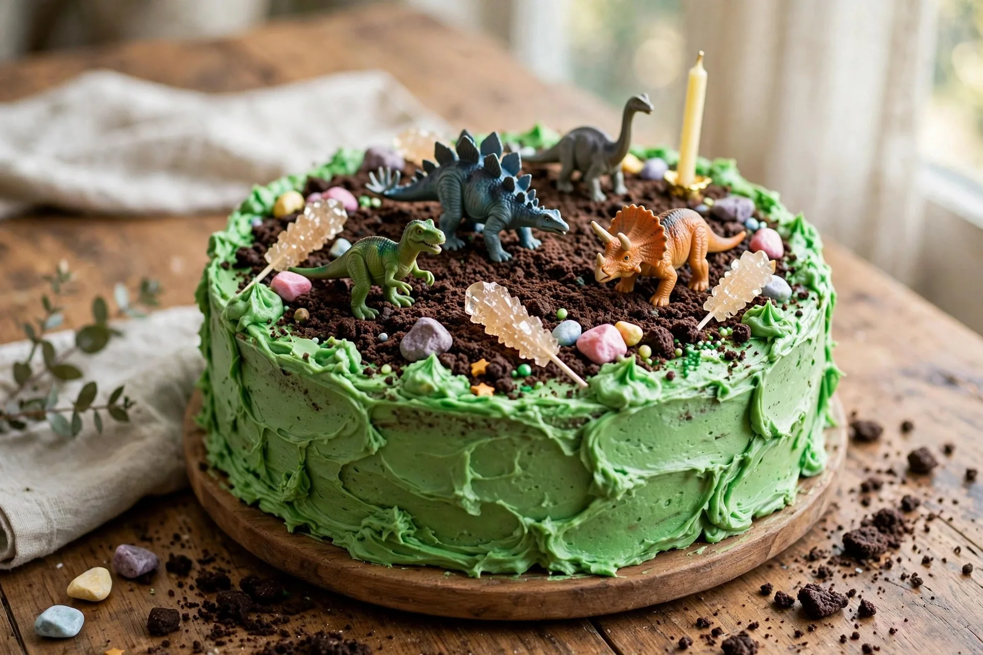 Green frosted dinosaur birthday cake with toy dinosaurs on crushed cookie dirt