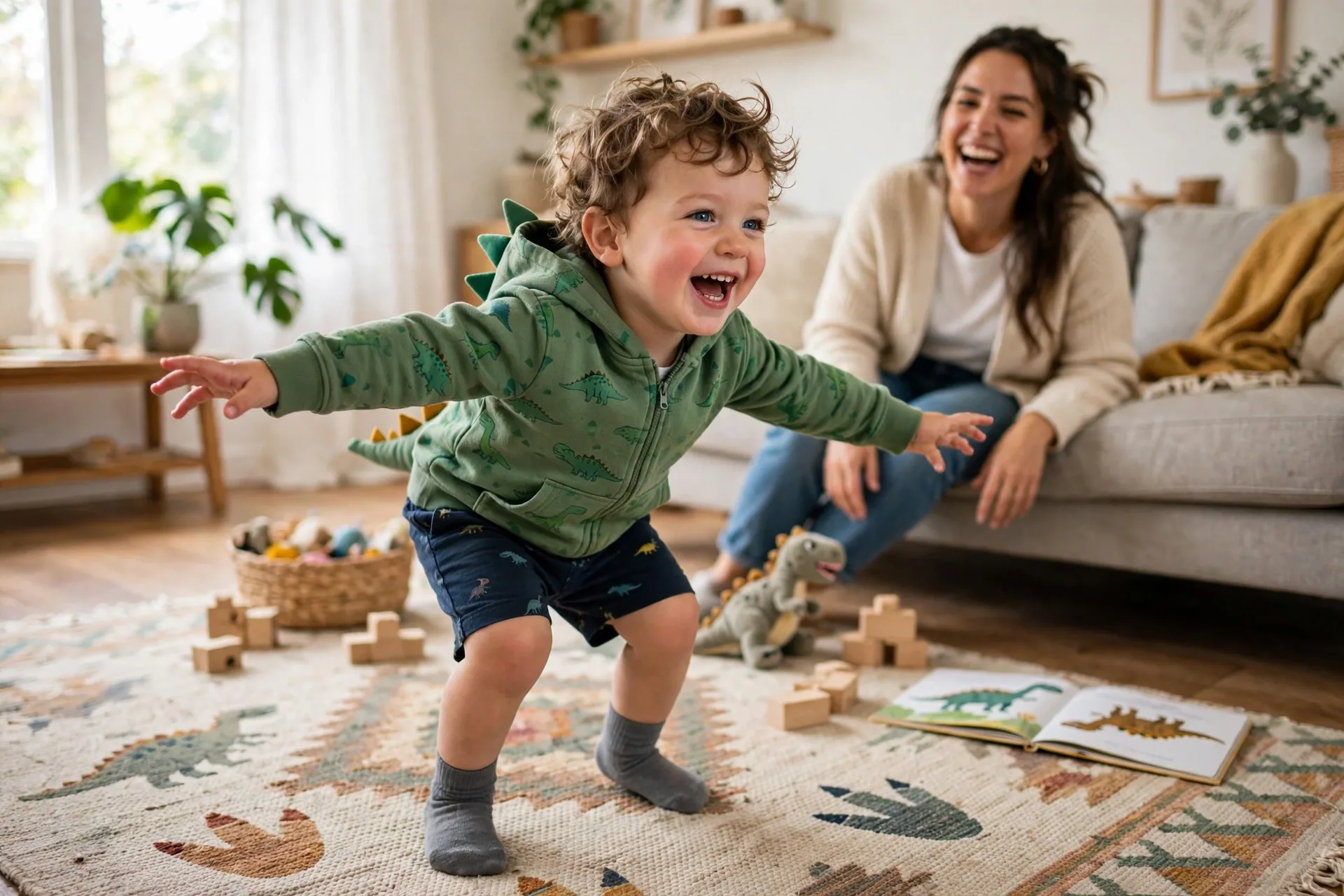 A giggling toddler stomping like a dinosaur across the living room rug
