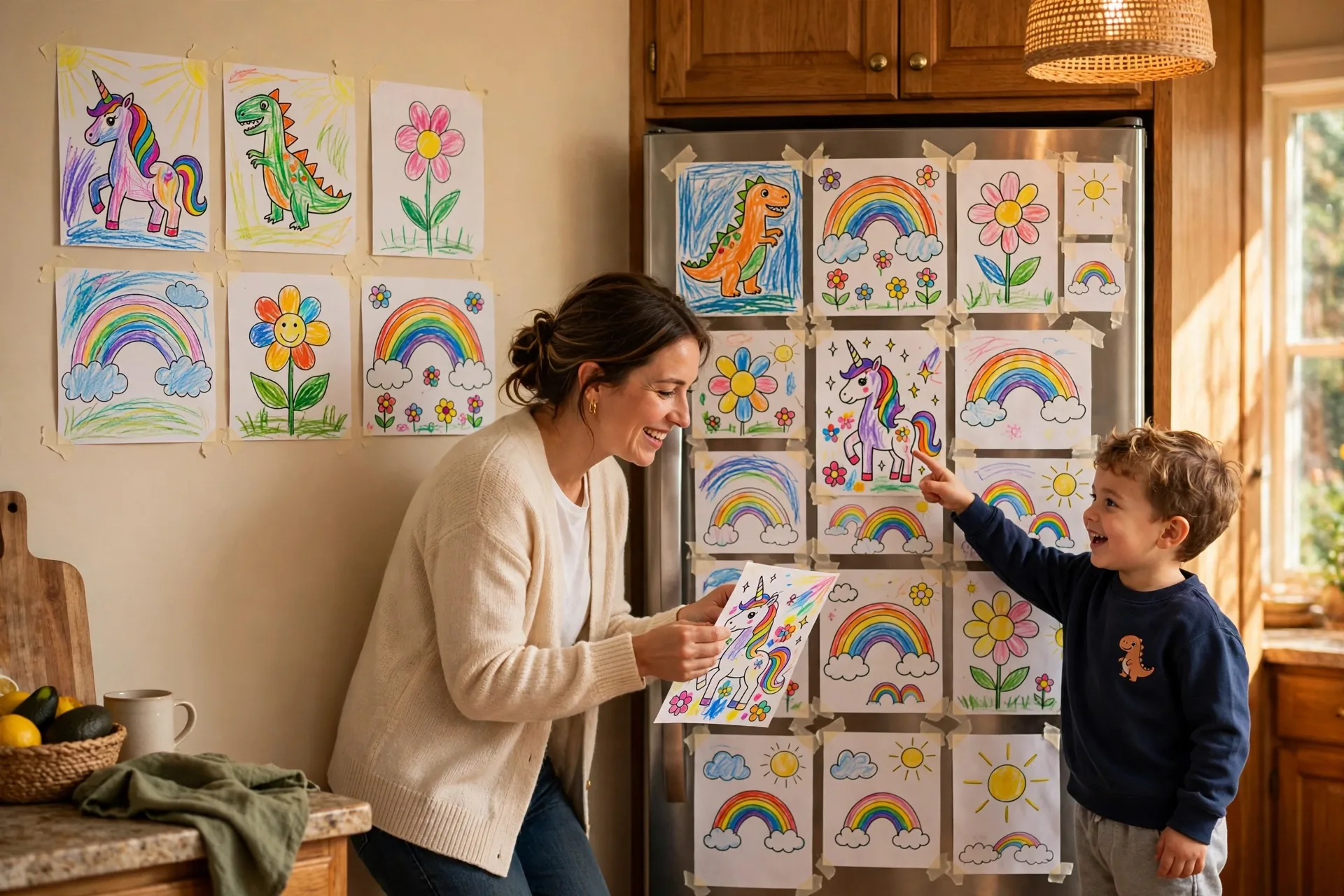 Kitchen wall and fridge covered with kids finished coloring pages in a bright gallery grid