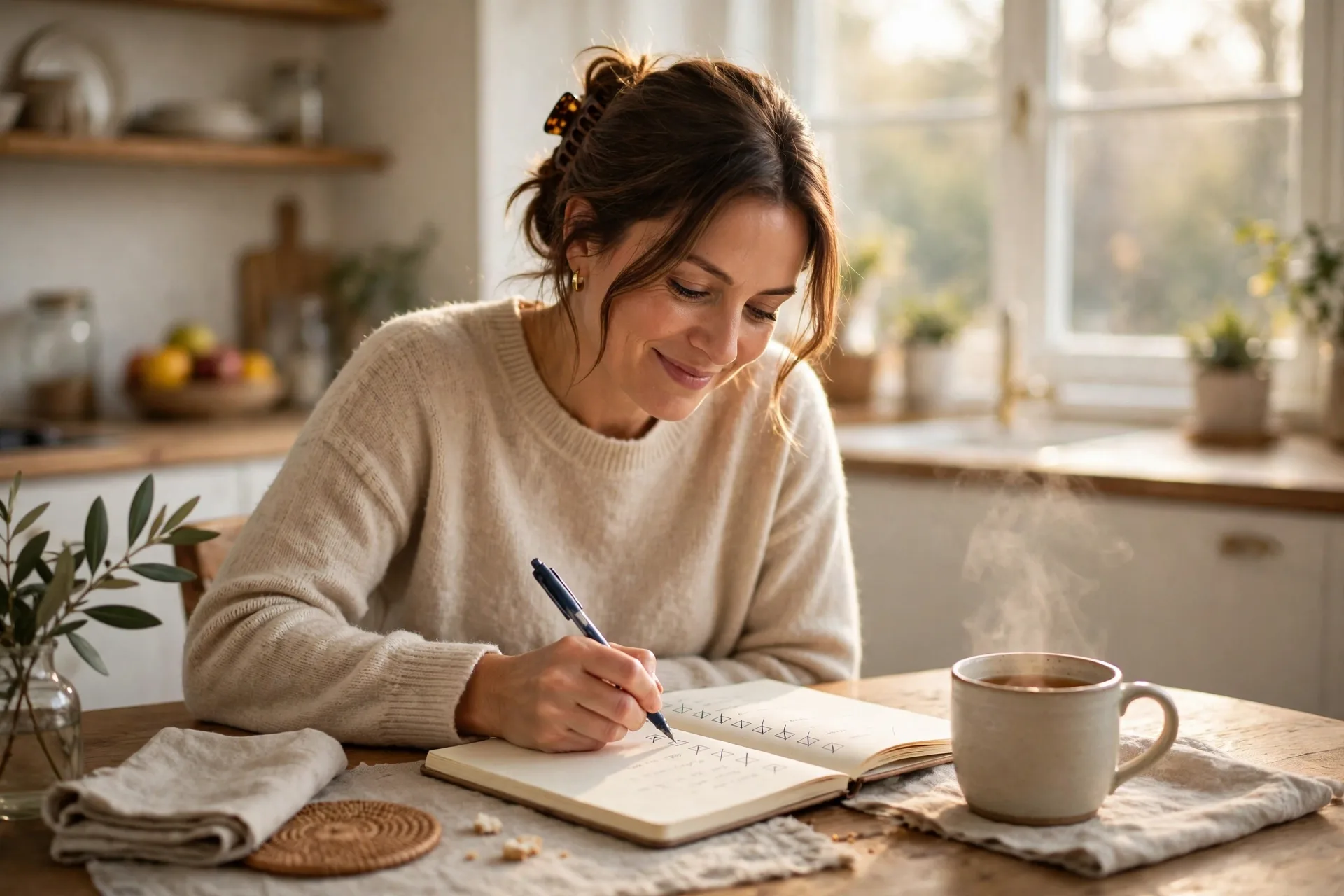 A mom writing a done list in a notebook at a kitchen table, crossing off finished tasks