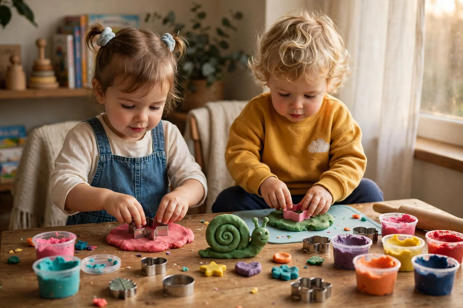 Two young kids pressing cookie cutters into colorful playdough at a table