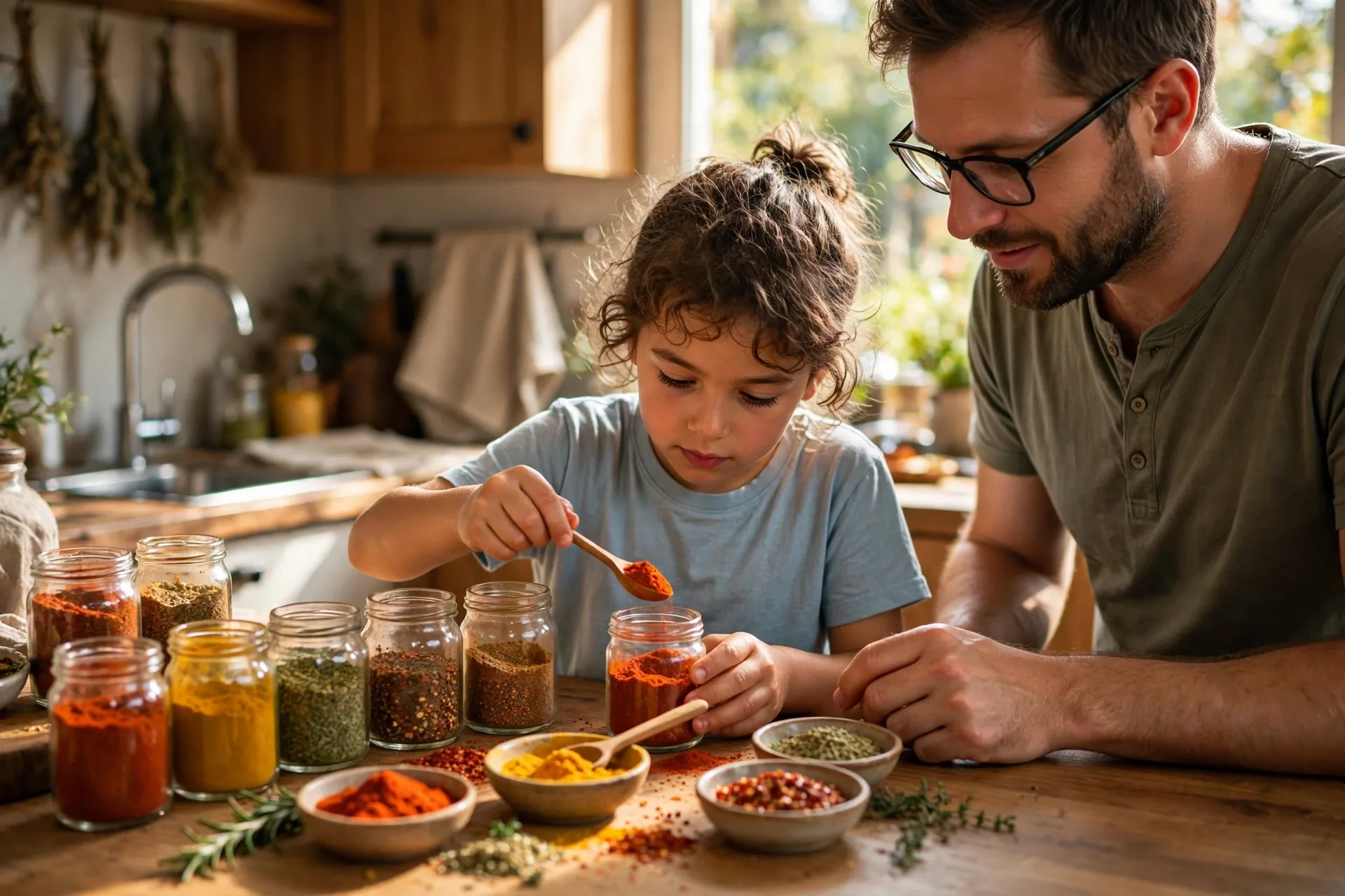 Small glass jars of homemade spice rub with colorful spices, a child spooning paprika into a jar