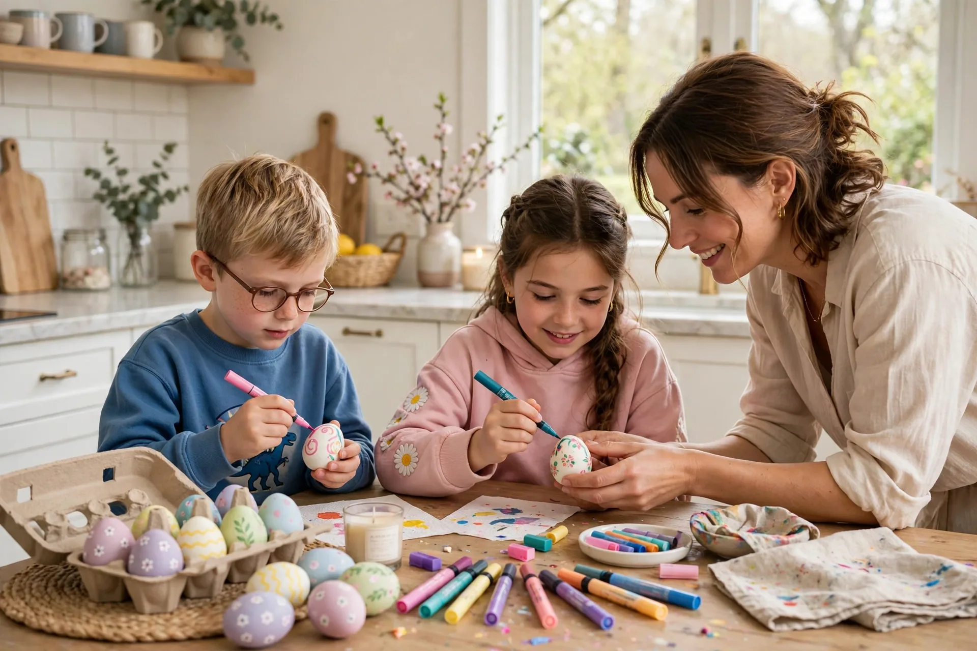Kids decorating Easter eggs with paint pens at a kitchen table while mom helps