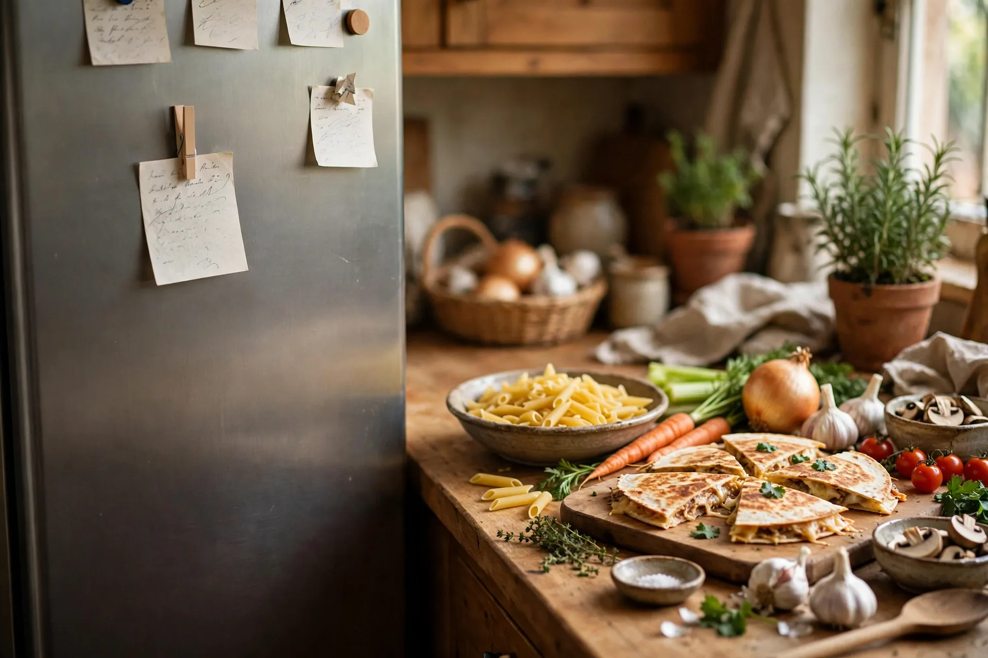 A fridge door with a handwritten emergency dinner list stuck on it