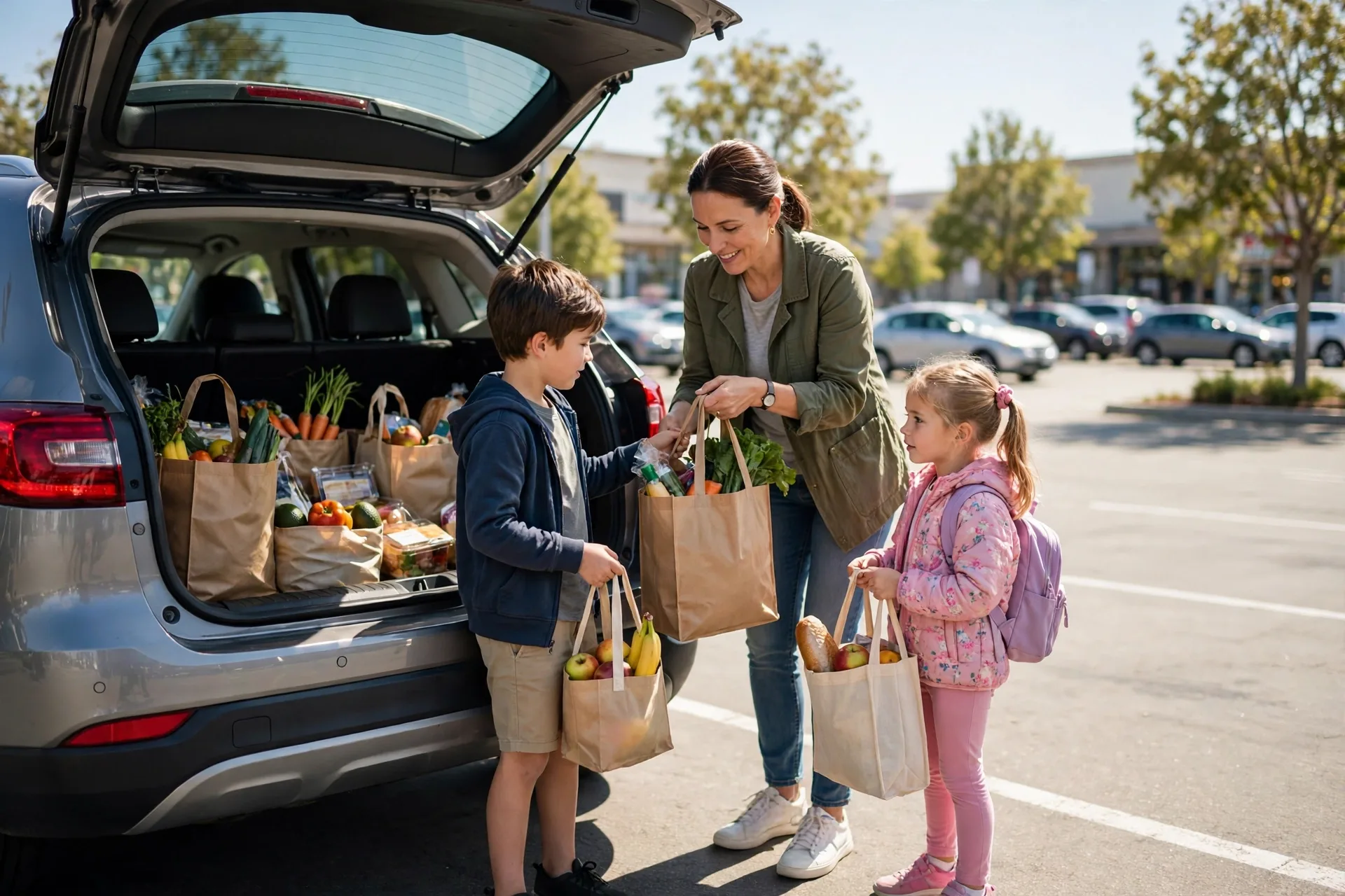 A mom loading grocery bags into a car trunk with two kids, one efficient weekly errands trip