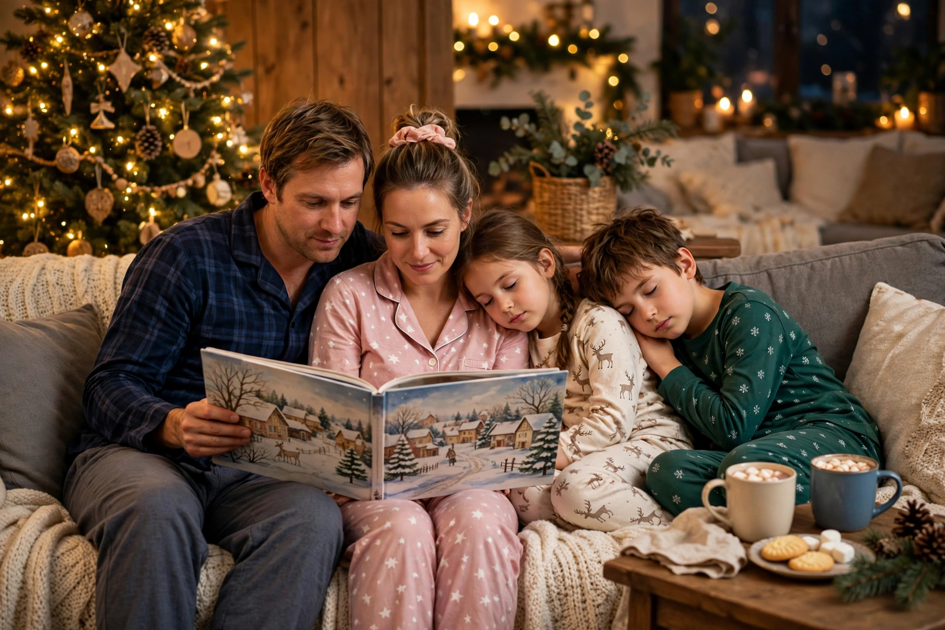Family in pajamas reading a Christmas storybook together by the tree on Christmas Eve