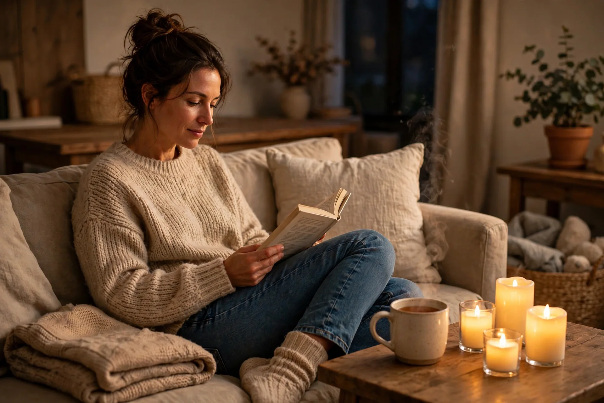 Mom reading a book on the couch in the evening with flameless candles glowing on the side table