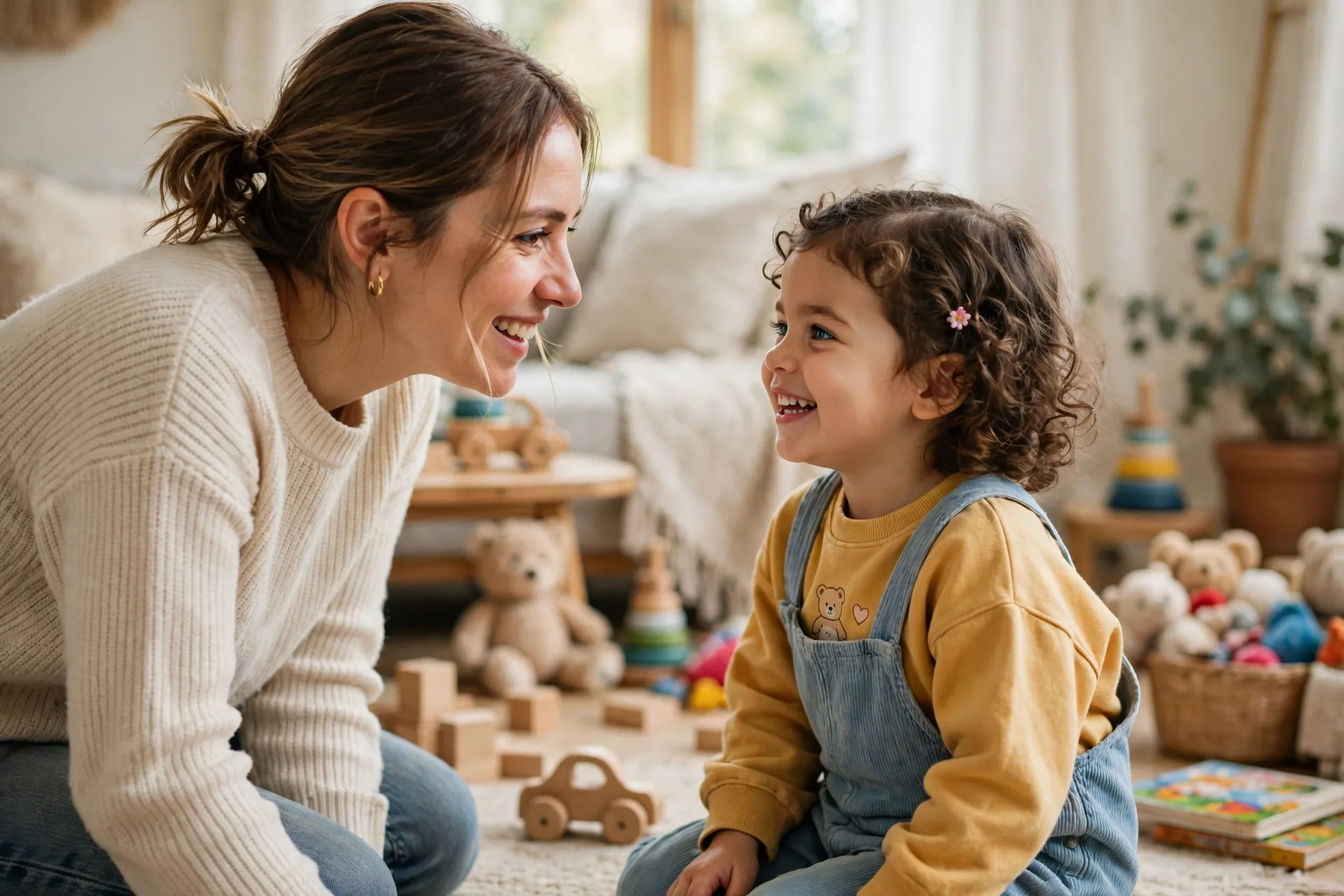 Mom kneeling at eye level talking with her toddler daughter on the living room floor