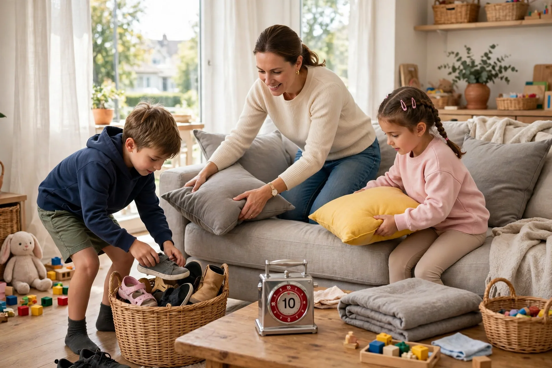 A family tidying a living room together in ten minutes, a mom and two kids putting cushions back