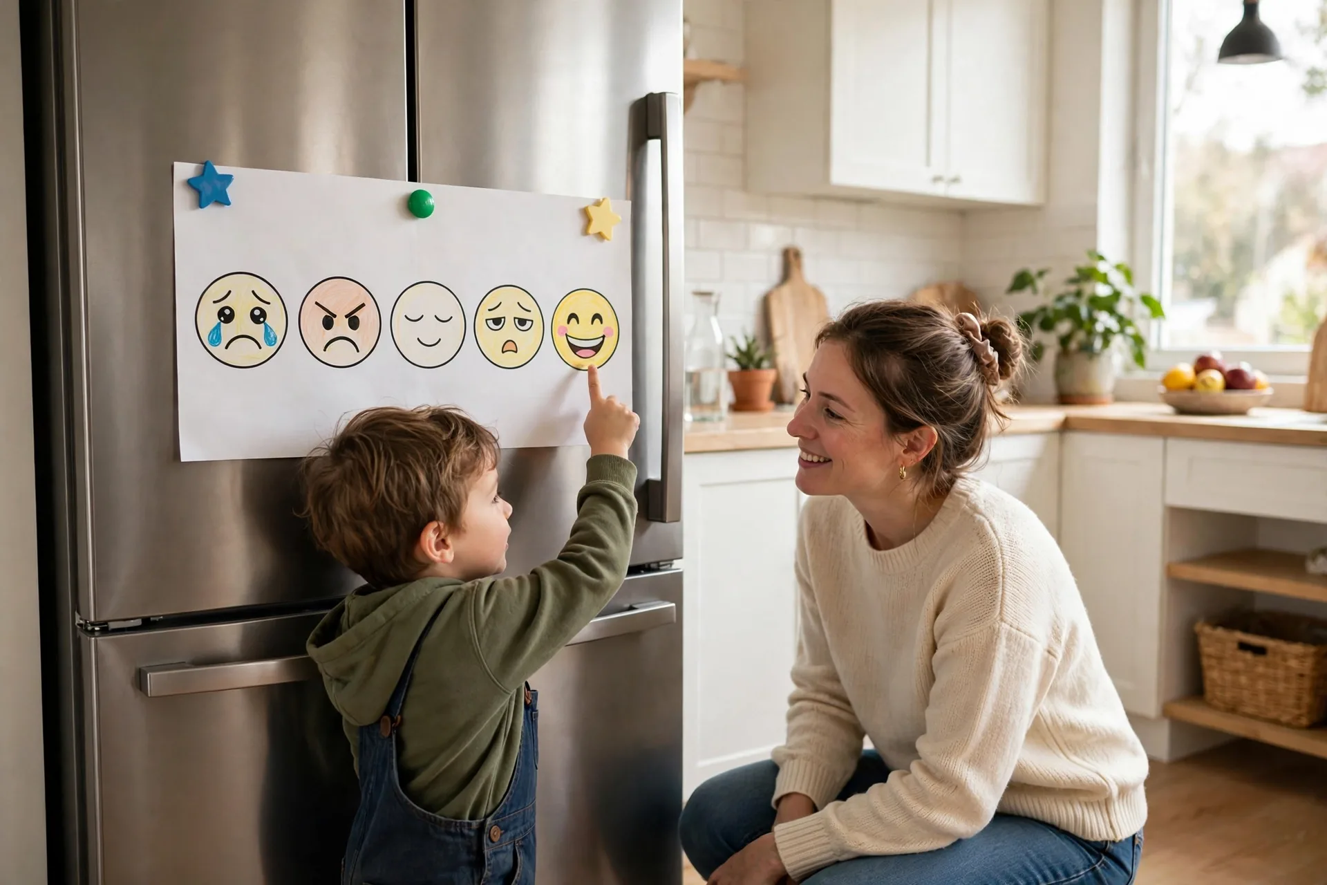 A feelings chart with emoji faces on a fridge, a small child pointing at the happy face