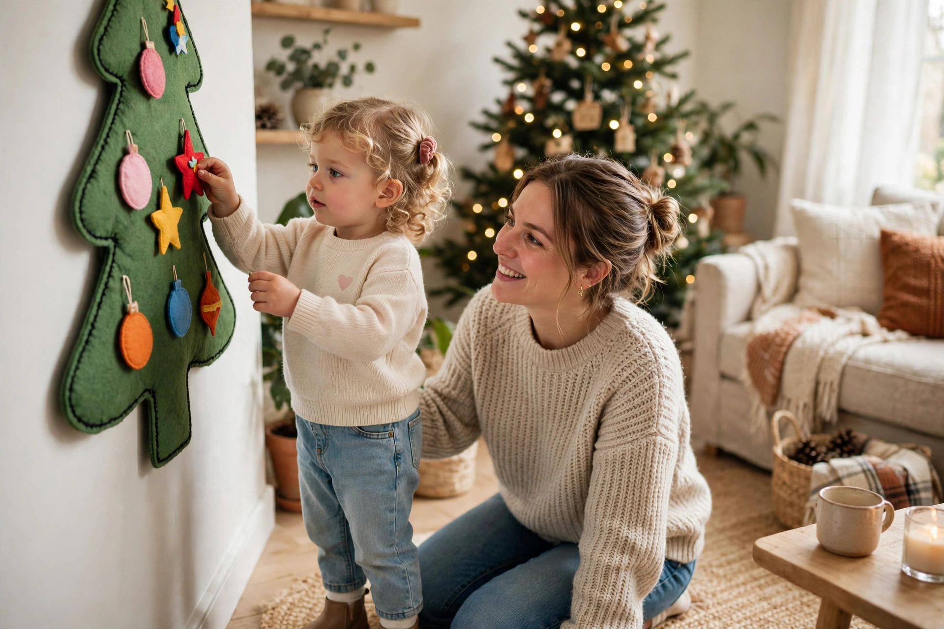 Toddler sticking felt ornaments onto a wall felt Christmas tree