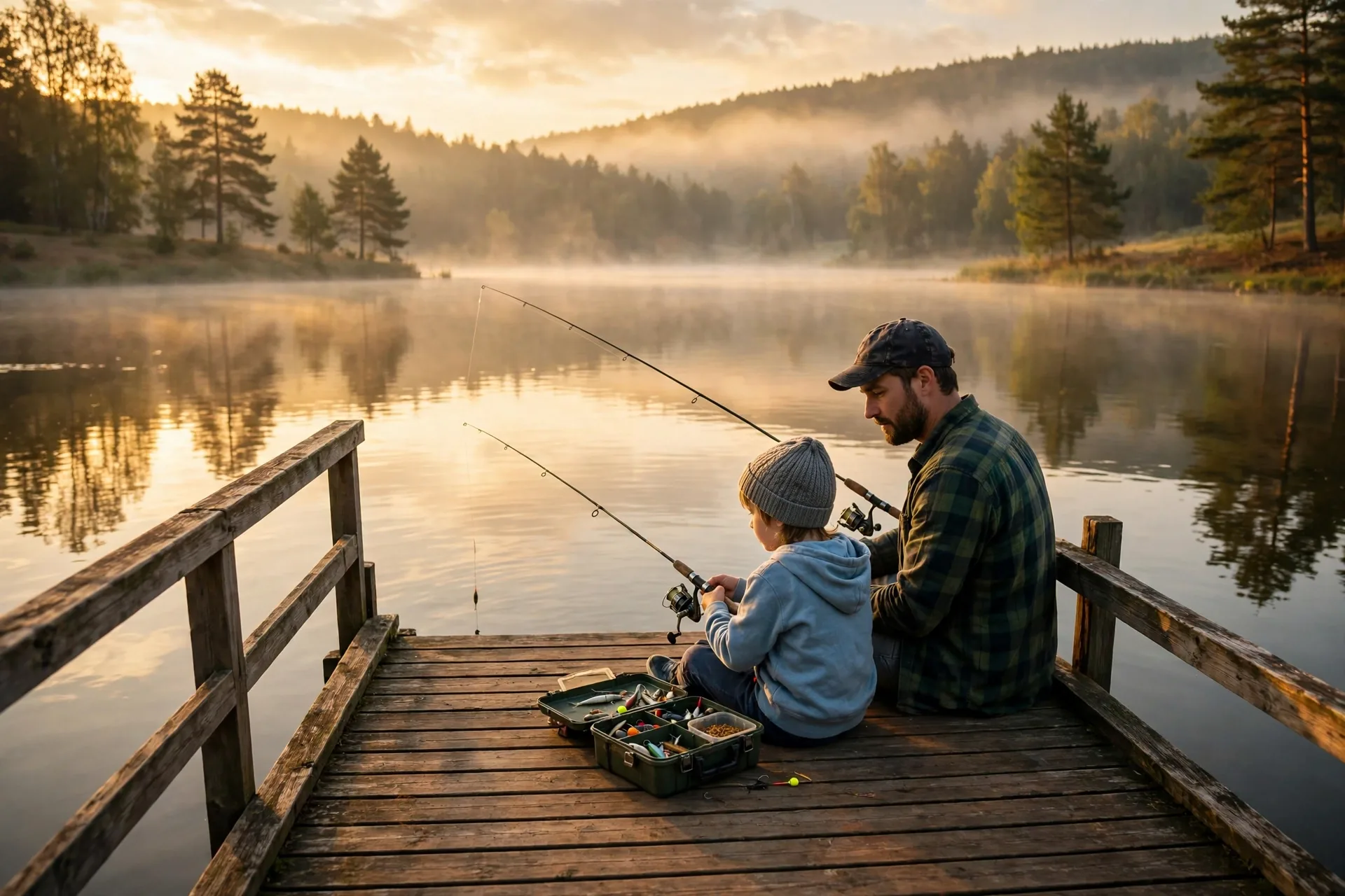 A dad and a young child fishing together from a wooden dock at sunrise