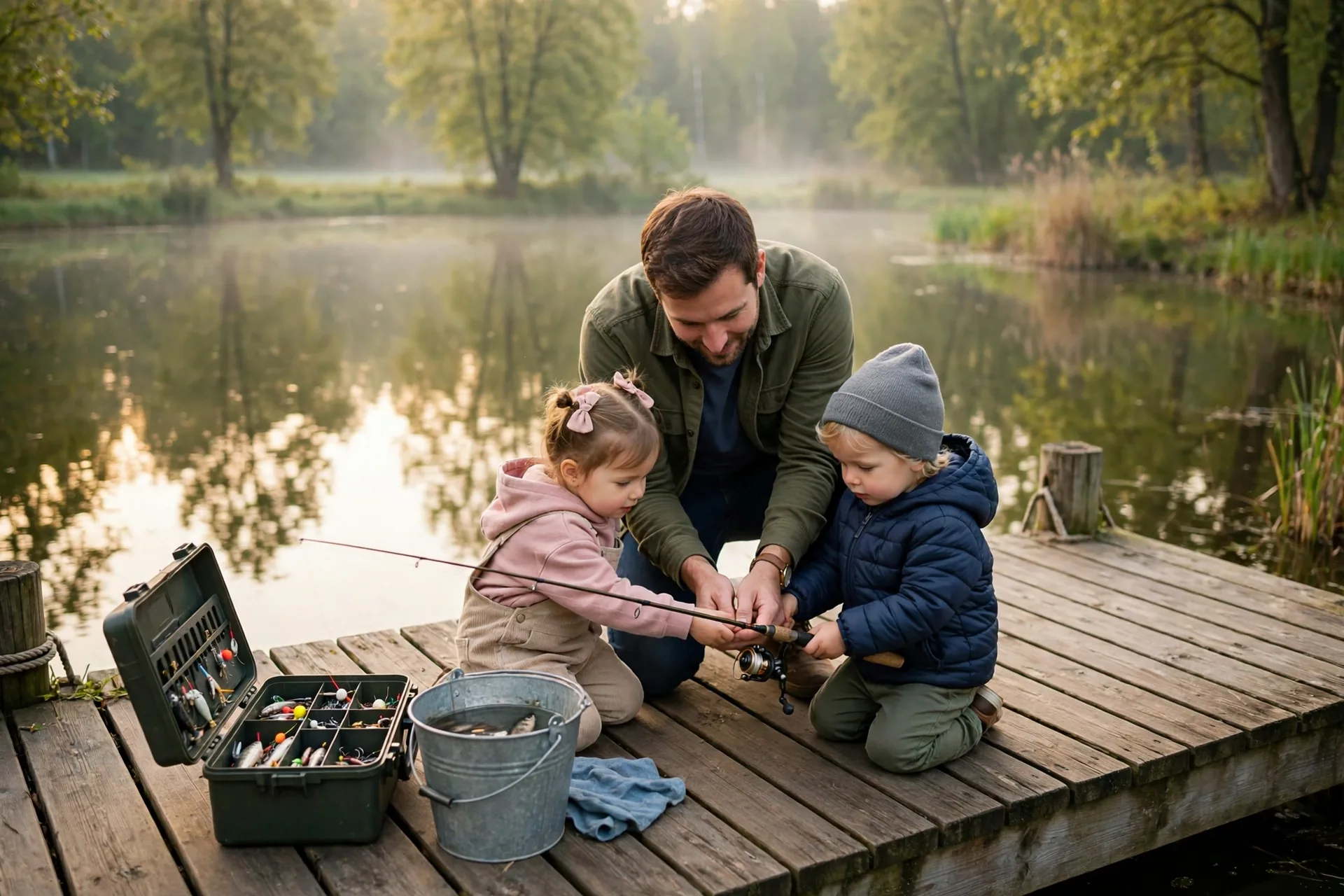 Dad teaching his two young kids to fish from a wooden dock on a calm pond in morning light