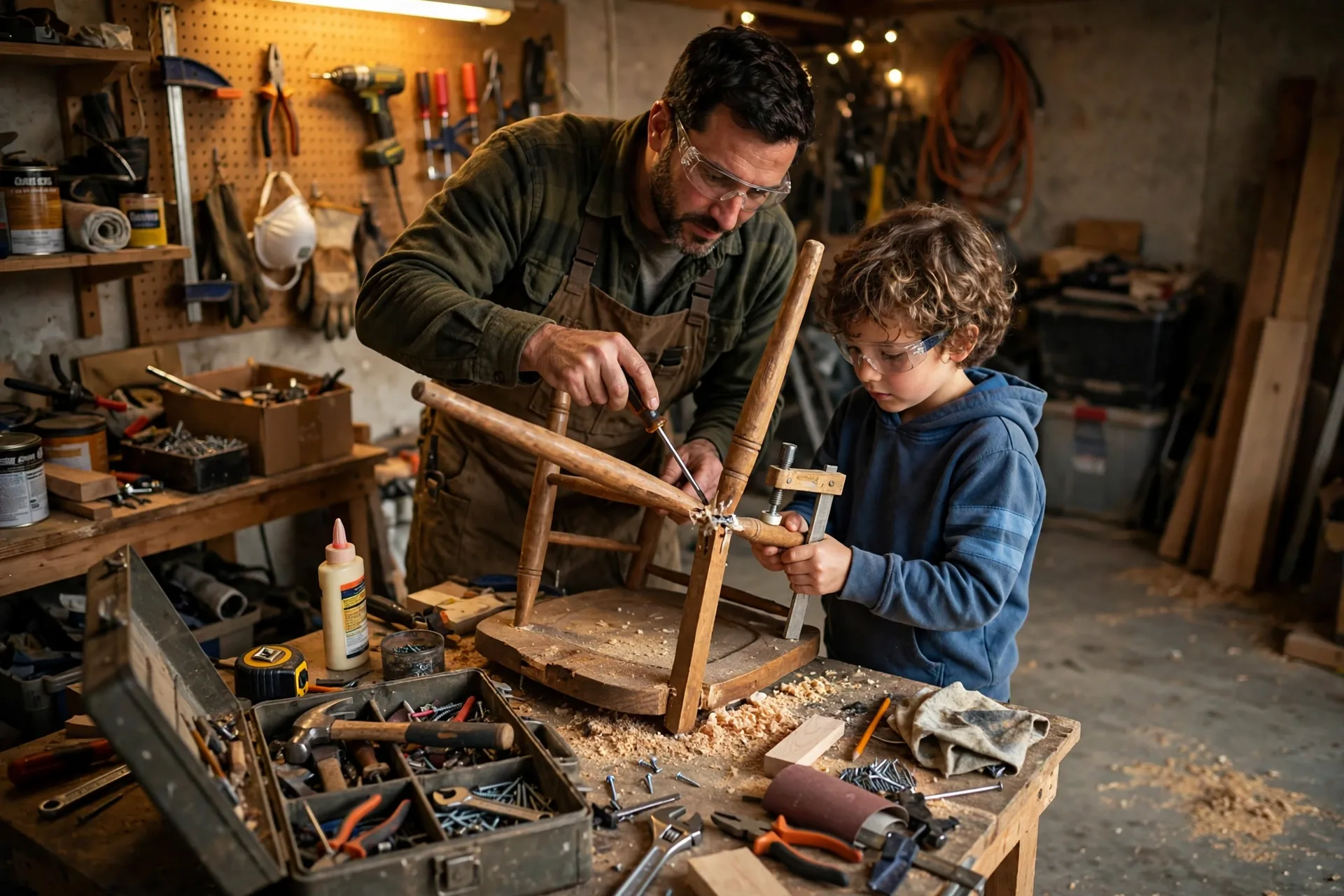 A dad and a child at a small workbench fixing a wobbly wooden chair together