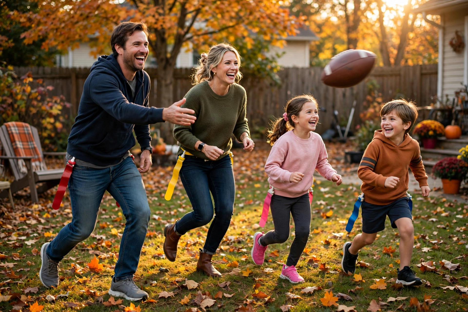 Family playing flag football in the backyard on Thanksgiving