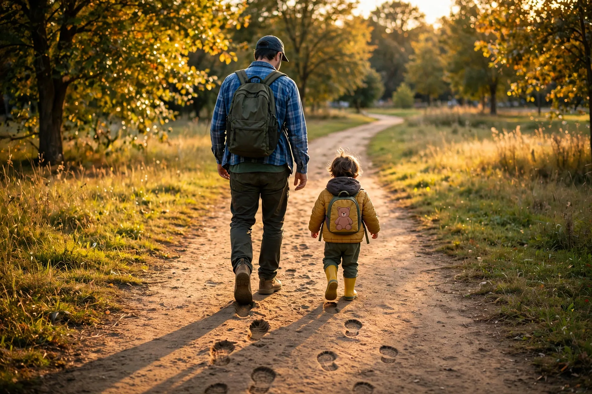 A dad and a toddler walking side by side down a sunny park path, the child stepping in Dad's footprints