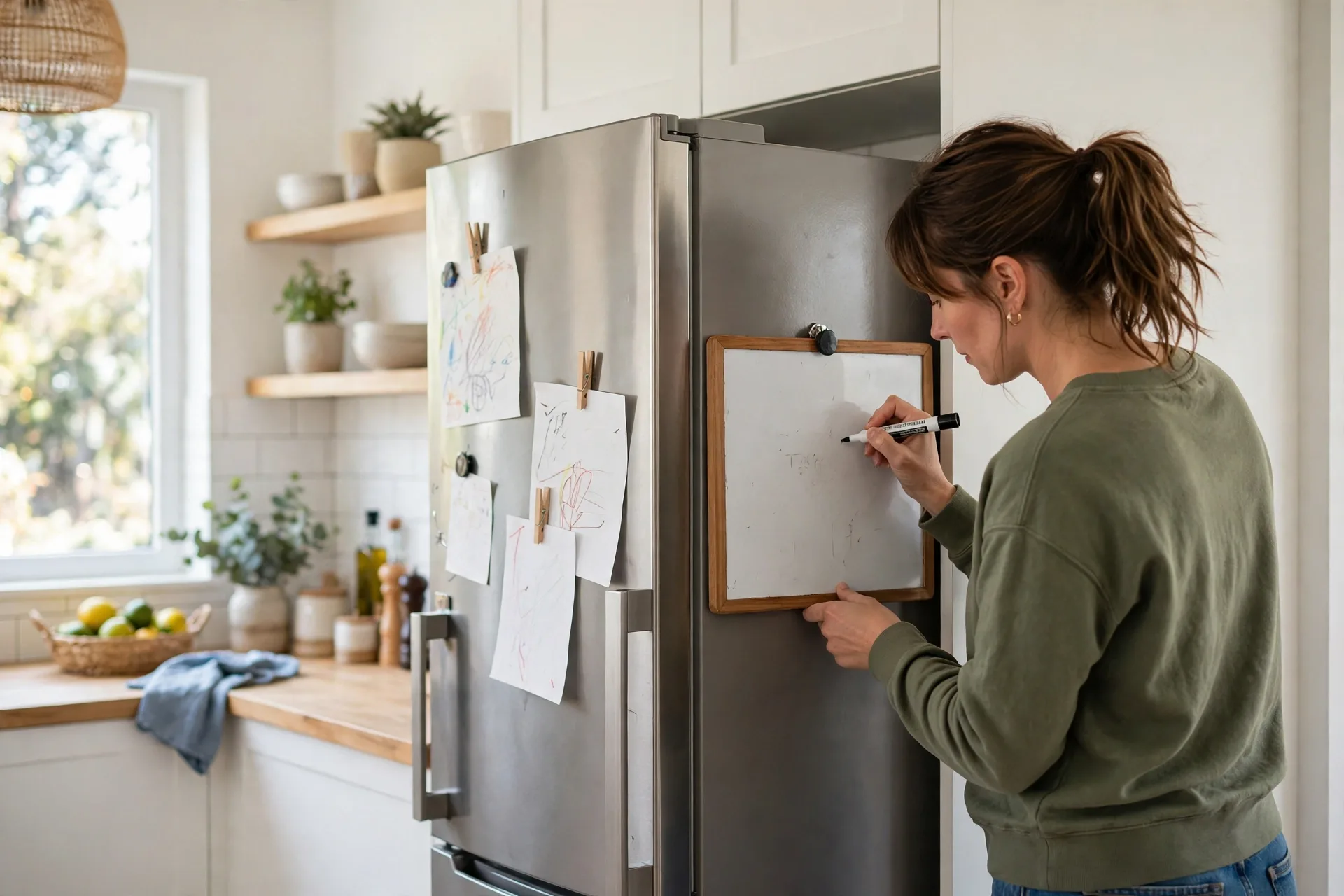 A weekly meal plan on a fridge with a small whiteboard, a mom writing the dinner list