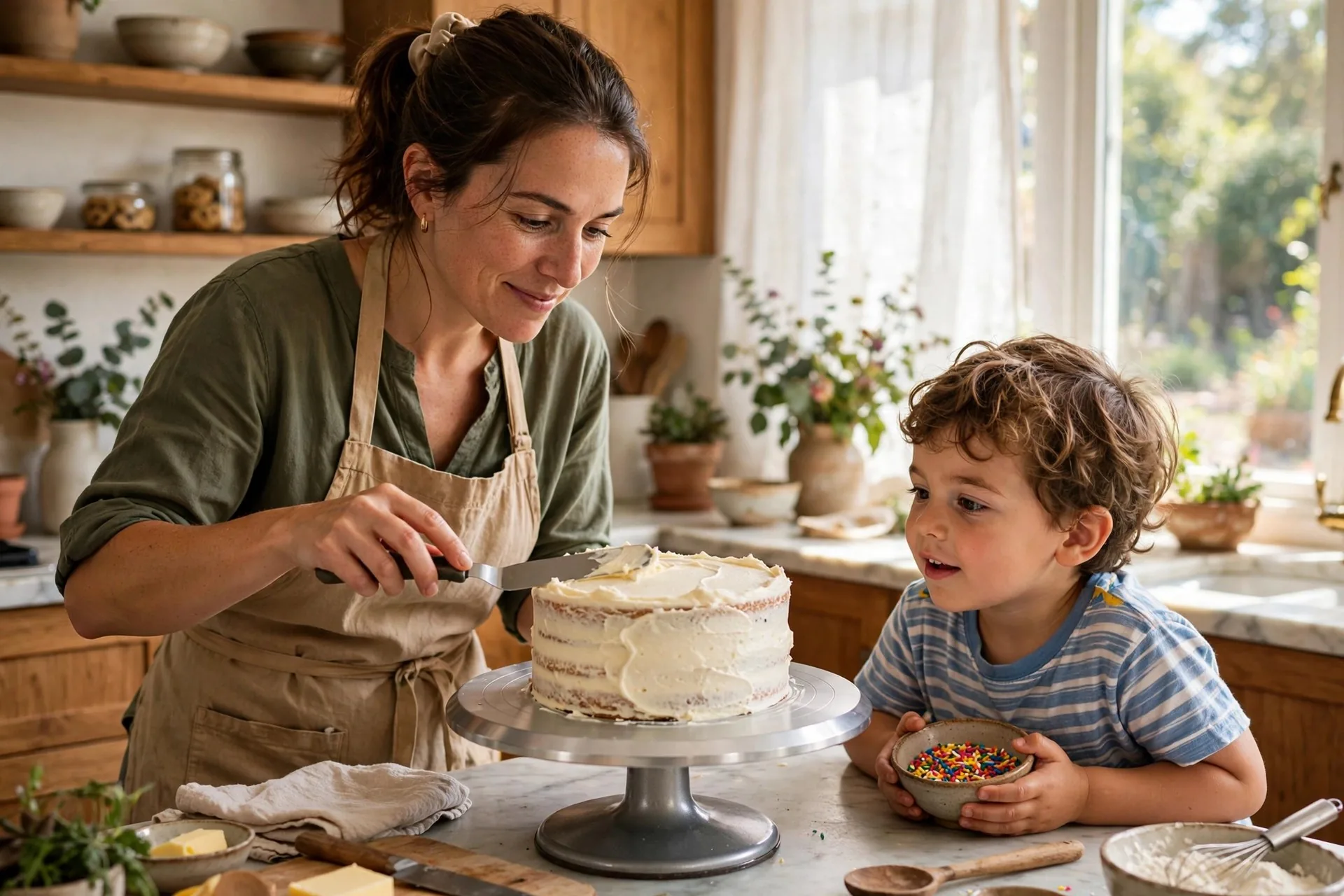 Mom frosting a layer cake on a rotating cake turntable while her child watches with a bowl of sprinkles