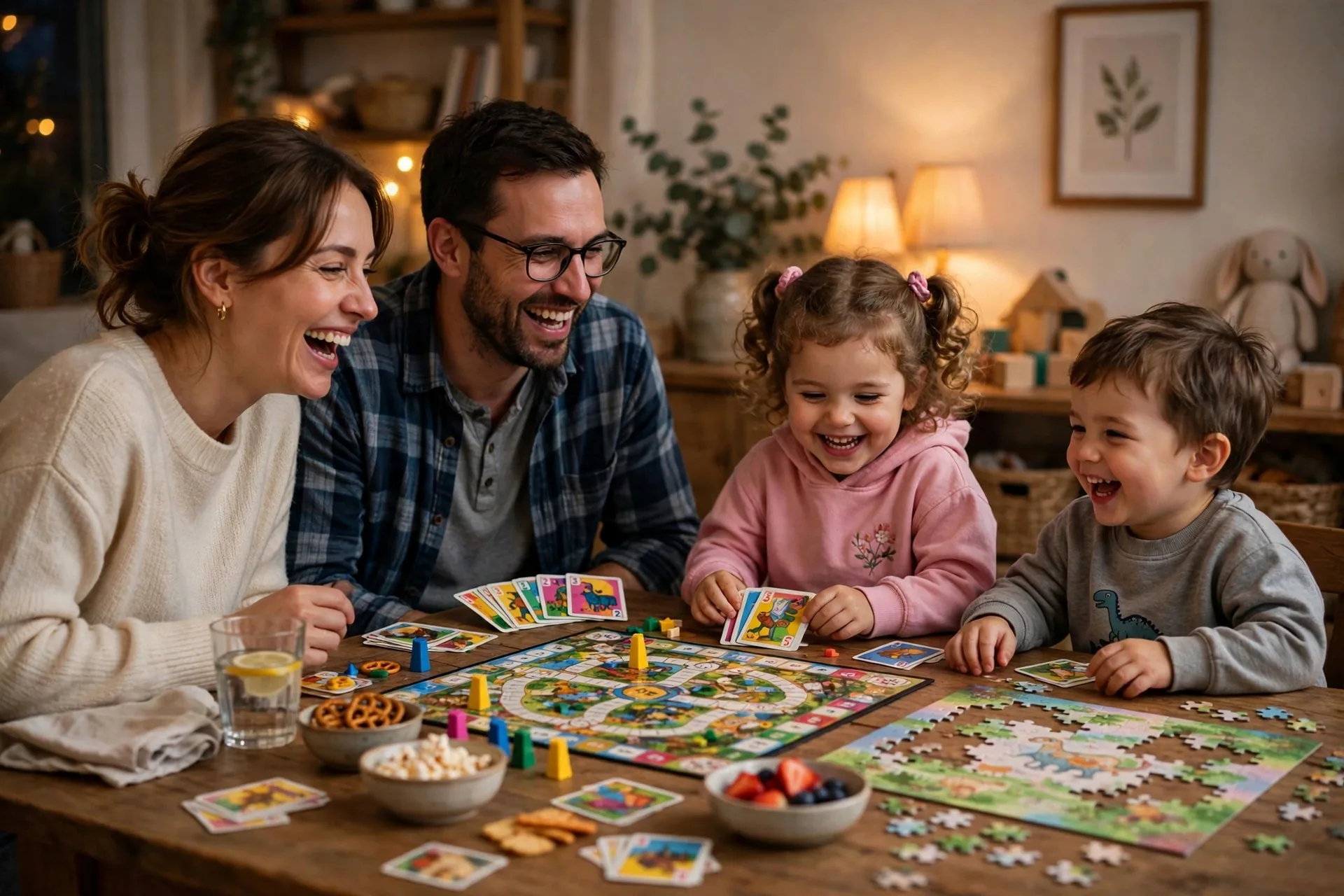 Family playing a board game and card game together around a wooden table at game night
