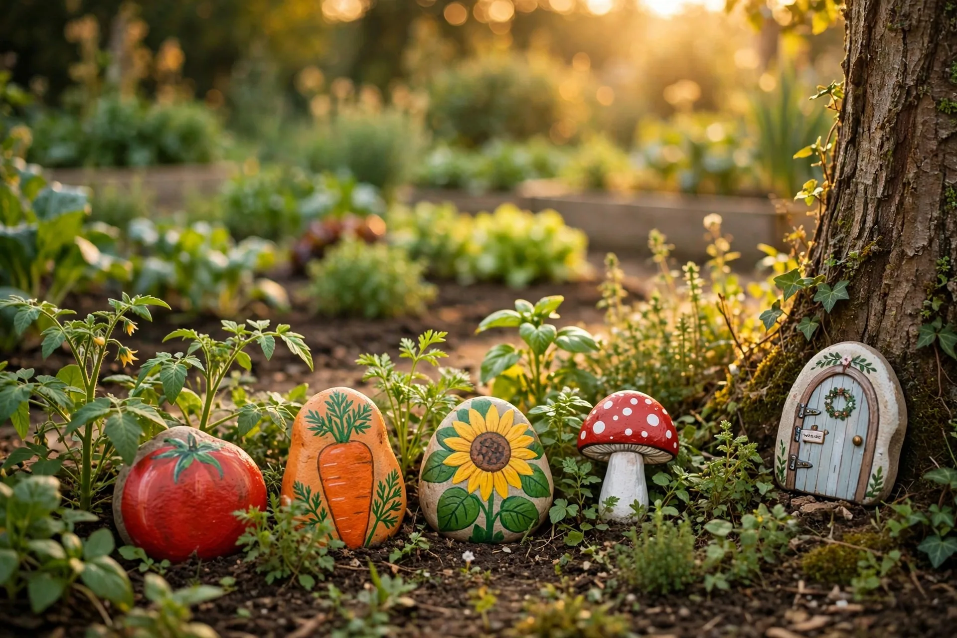 Painted garden marker rocks with a tomato, carrot and sunflower among vegetable plants, with a mushroom rock and fairy door