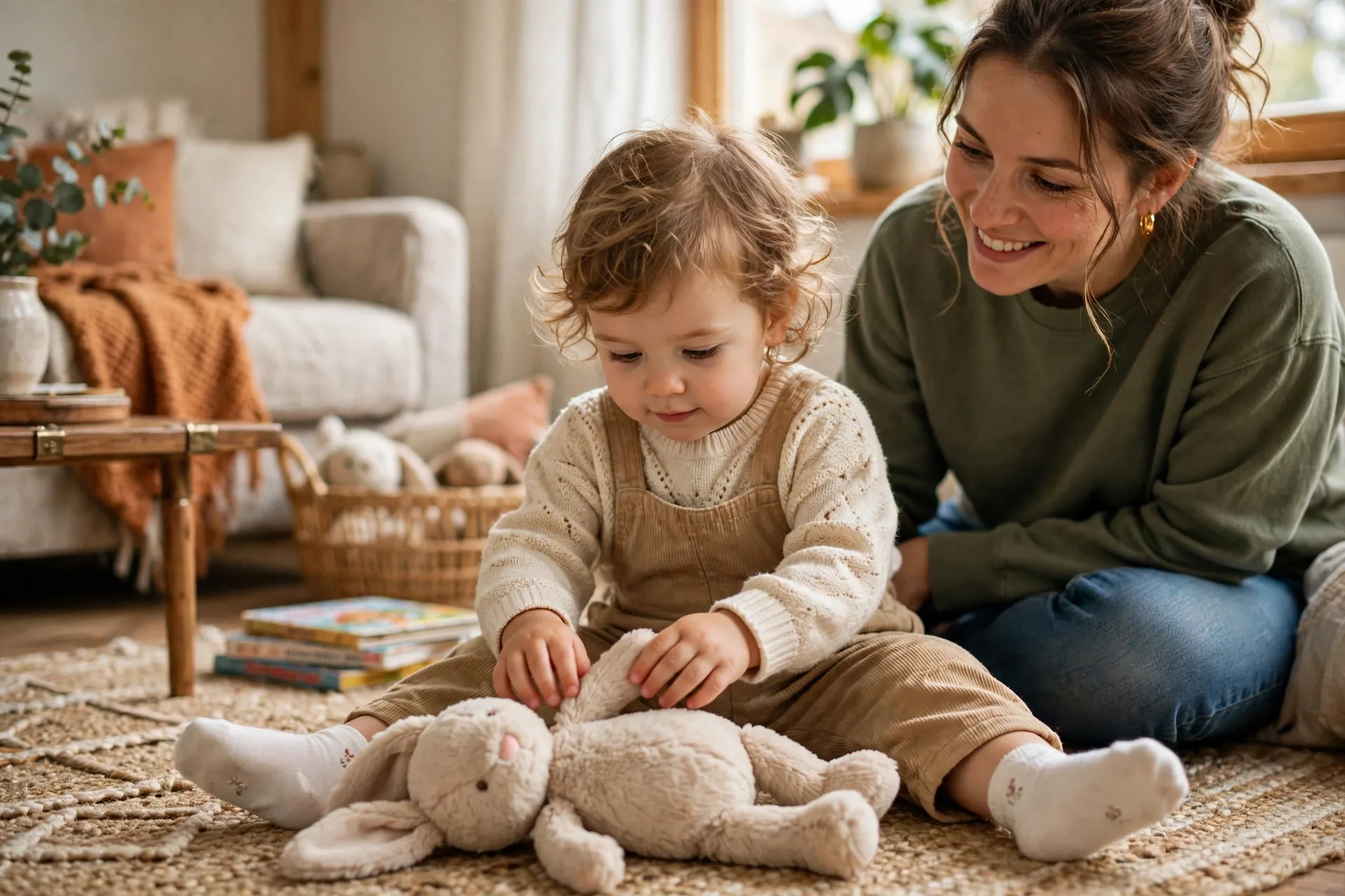 Toddler gently patting a stuffed bunny with gentle hands while mom watches