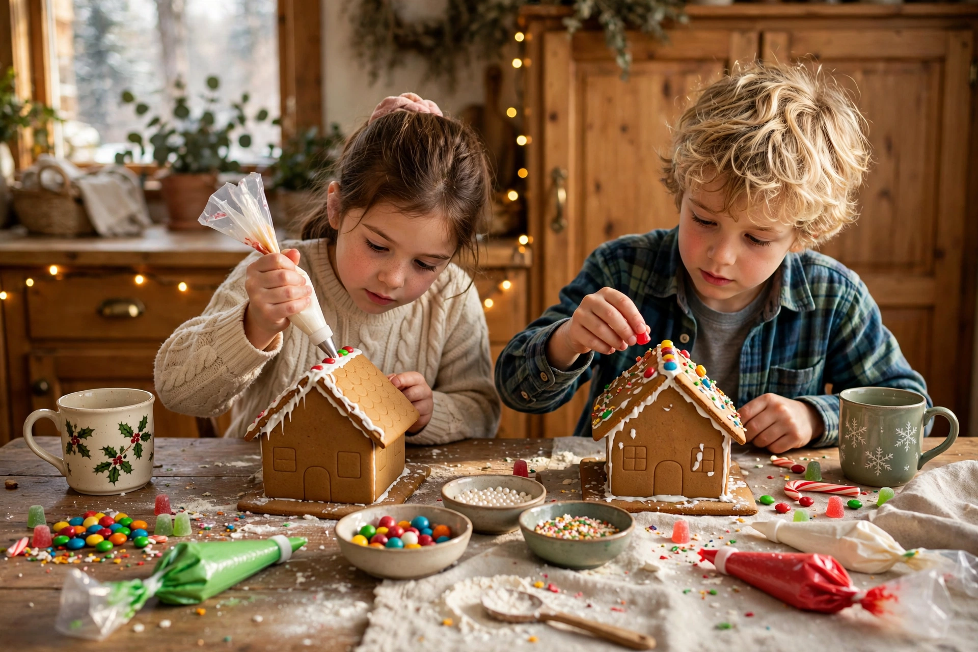 Kids decorating gingerbread houses with icing and candy at a kitchen table