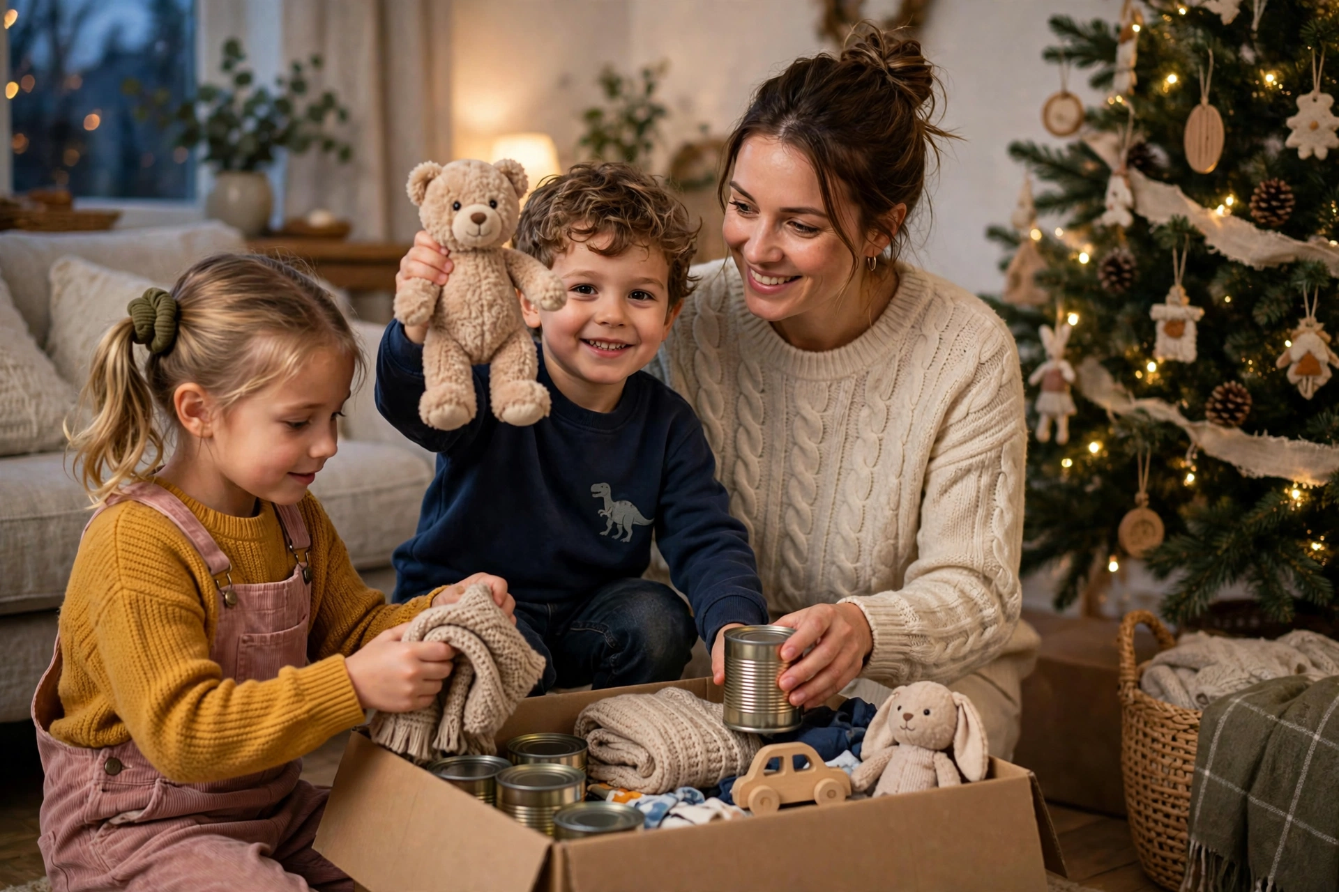 Kids putting toys and food into a donation box beside the Christmas tree