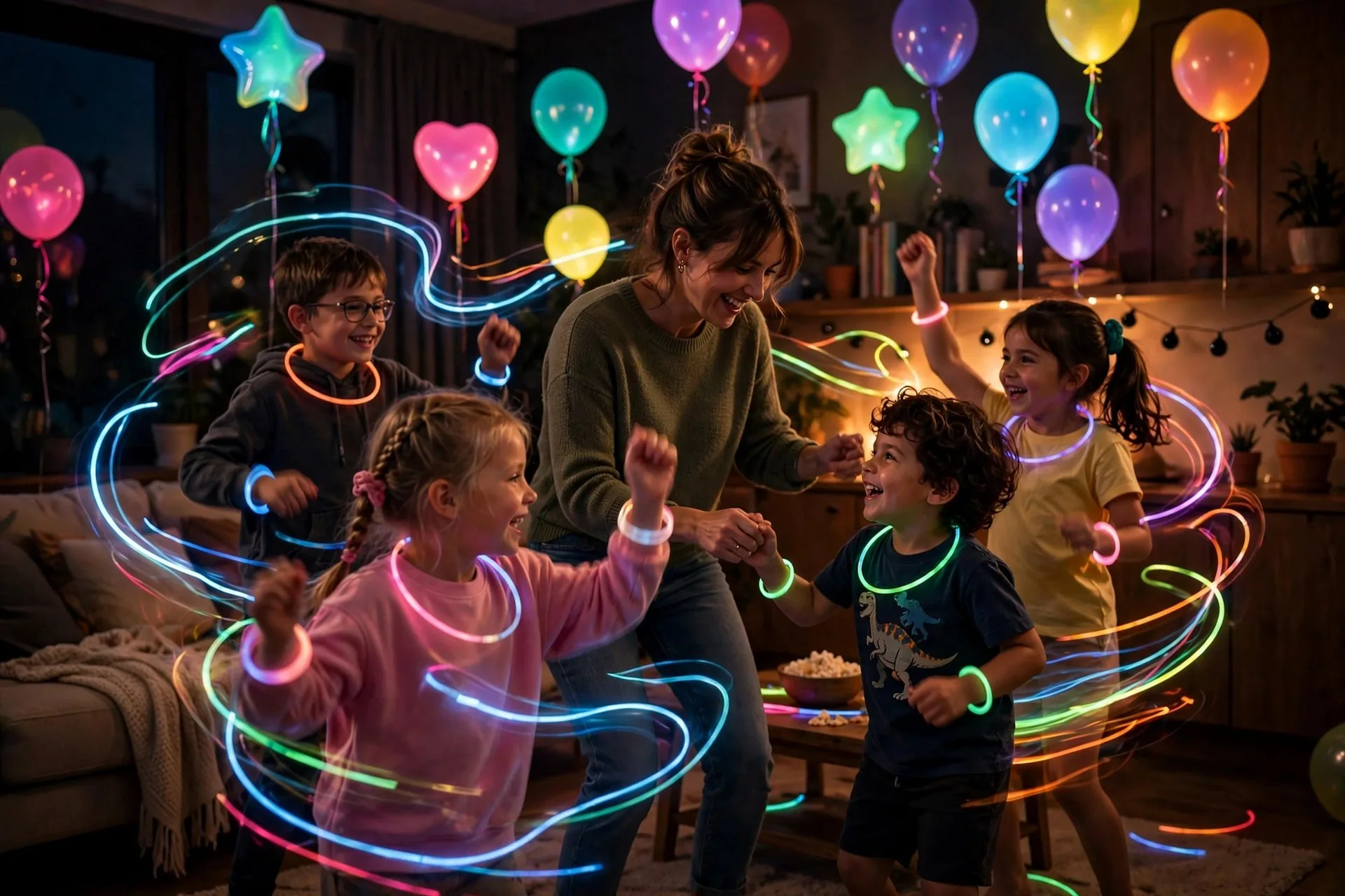 Kids dancing with glow stick necklaces and bracelets at a glow in the dark birthday party