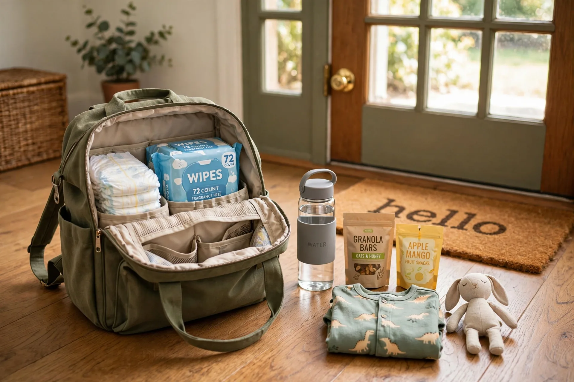 An open diaper bag packed with snacks, water, wipes, a spare outfit and a quiet toy