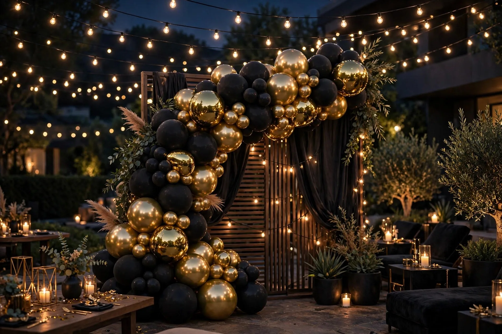 Matte black and chrome gold balloon arch photo backdrop at an evening party