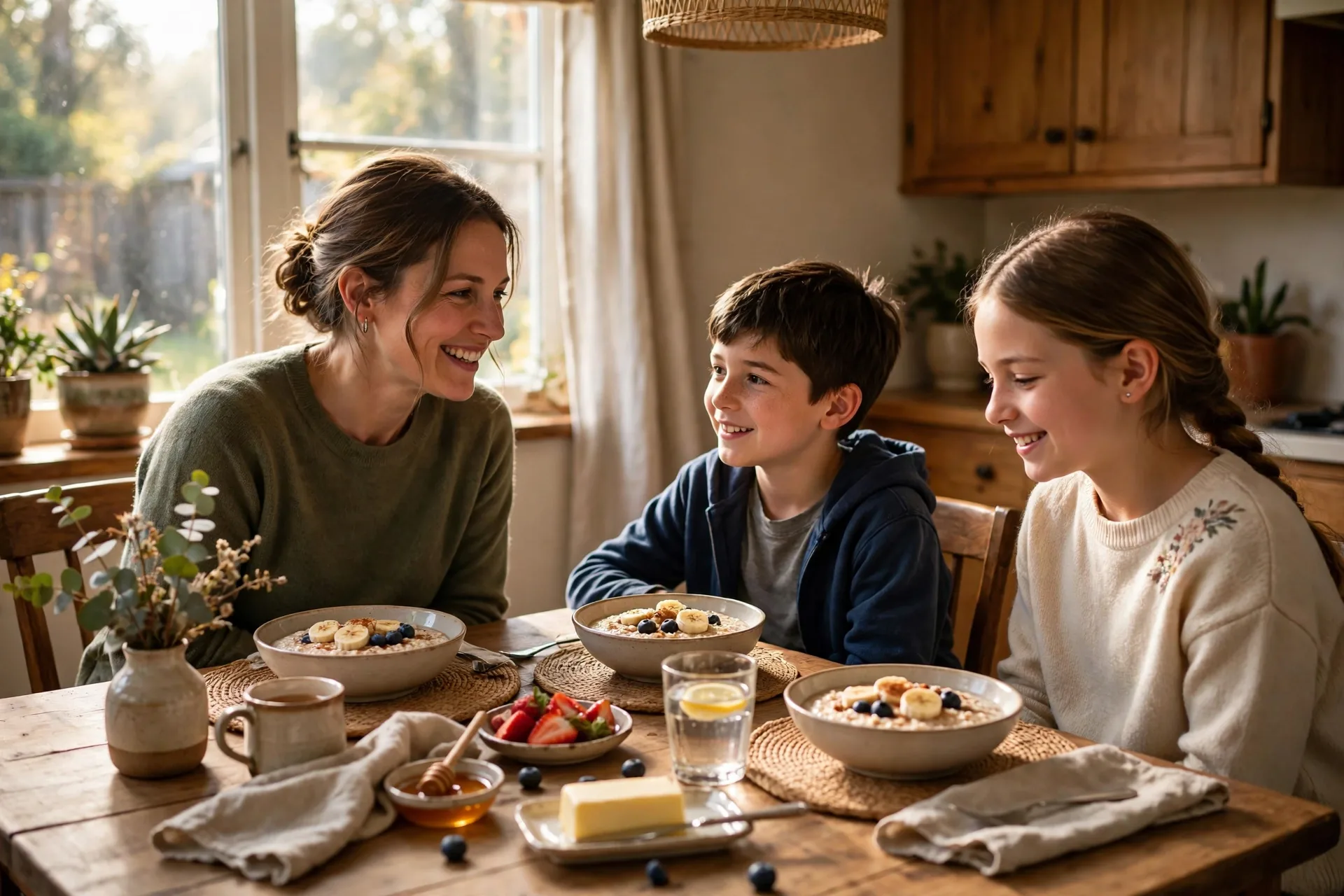 A family at a breakfast table sharing one grateful thought each