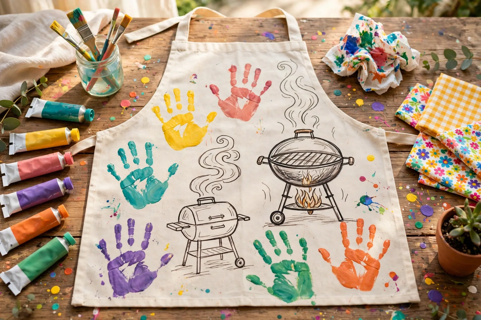 A plain apron decorated with colorful fabric paint handprints and grill drawings on a table