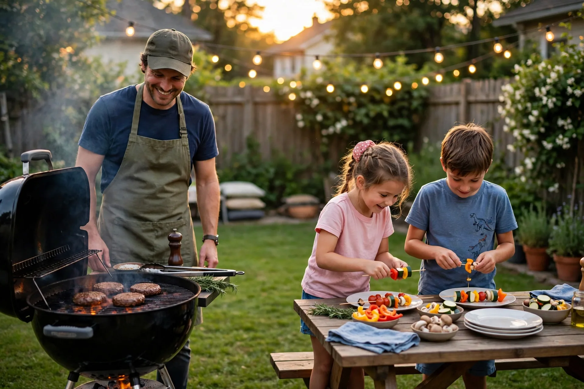 Dad grilling burgers in the backyard while his kids thread veggie skewers at a picnic table nearby
