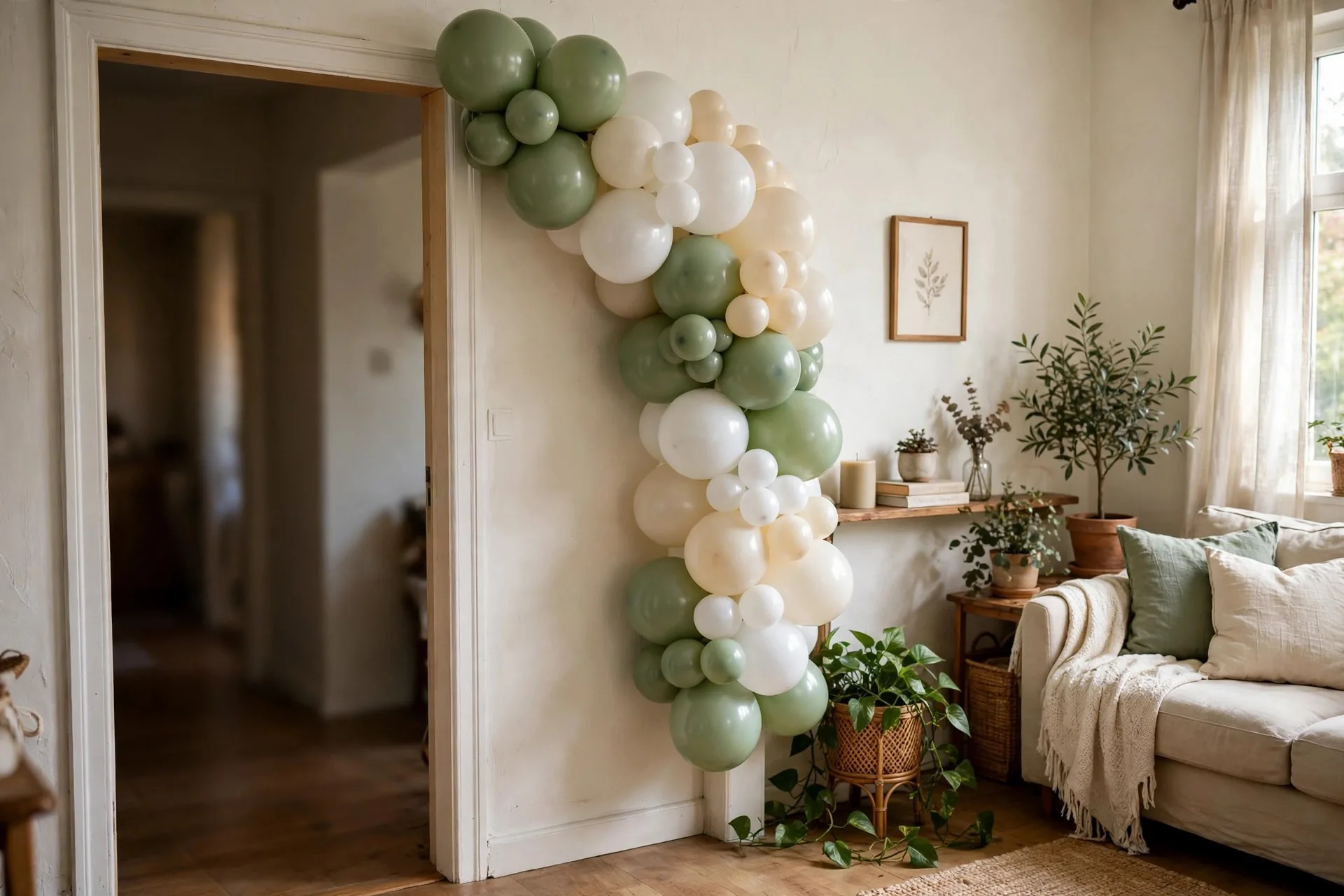 Half balloon arch corner swag in sage green white and cream over a living room doorway