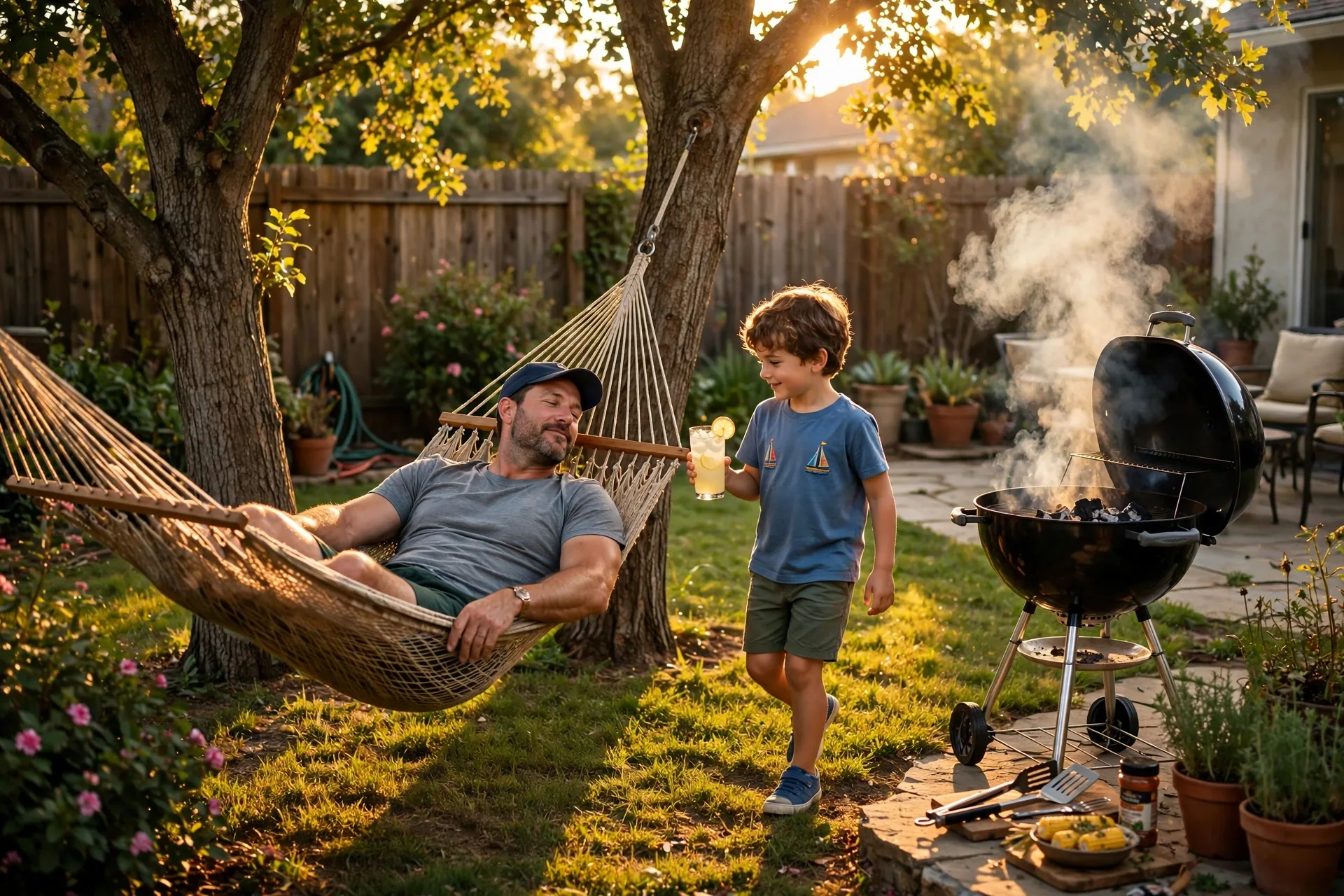 A dad relaxing in a hammock between two trees, a child bringing him a glass of lemonade