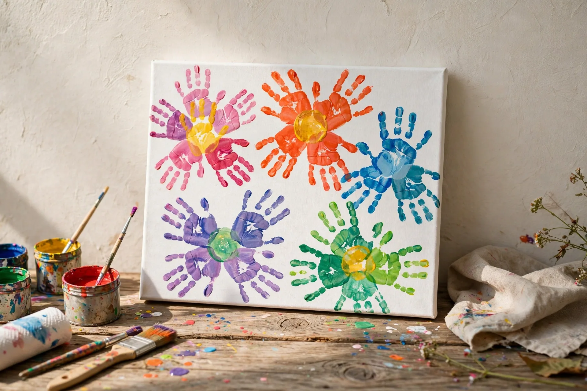 A small white canvas with colorful child handprints arranged like flowers